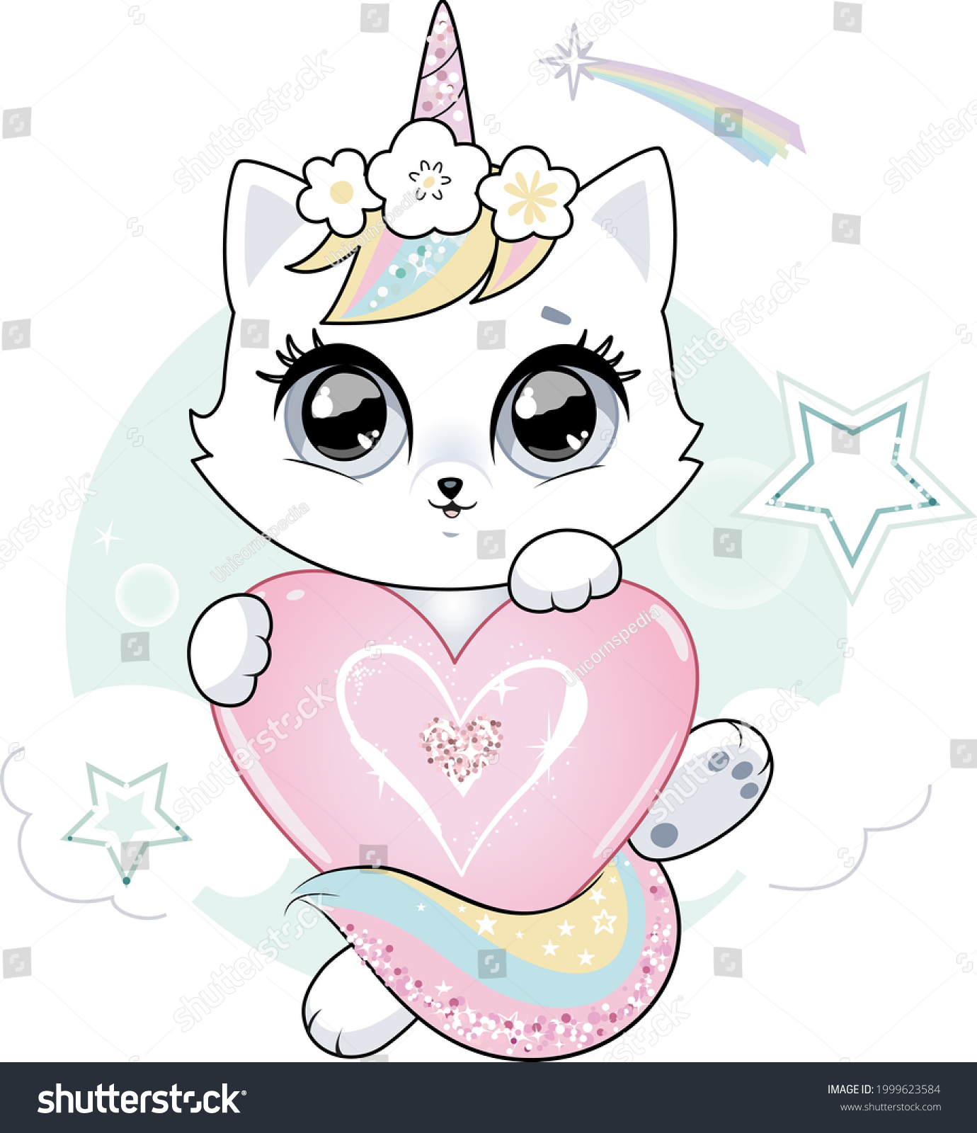 SVG of Cute little white cat unicorn or caticorn. Pastel soft colors. Vector. svg