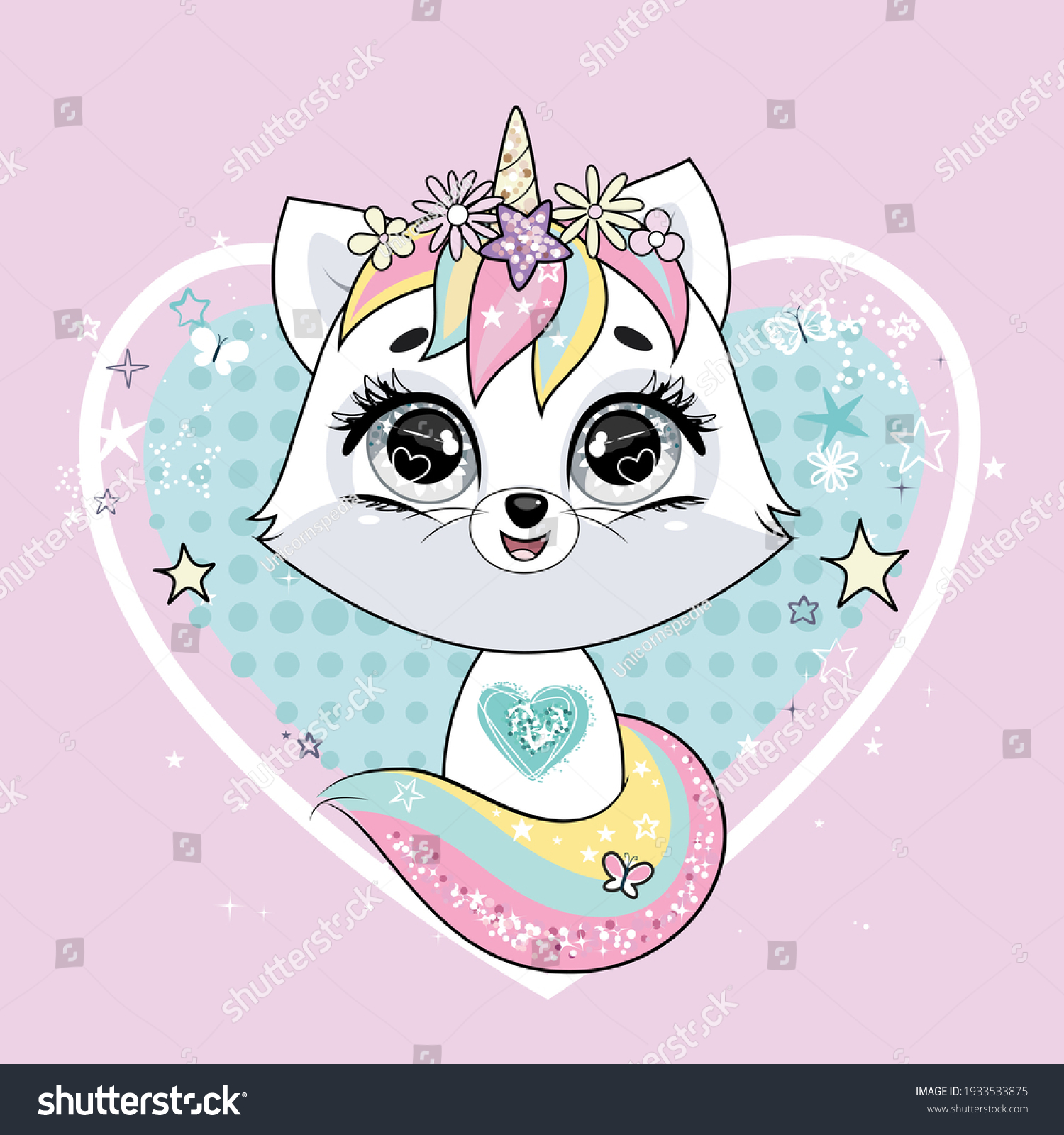 SVG of Cute little white cat unicorn or caticorn. Pastel soft colors. Vector illustration on pink background. svg