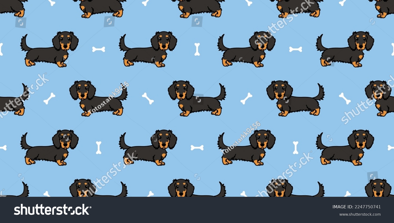 SVG of Cute long haired dachshund dog black and tan cartoon seamless patern, vector illustration svg