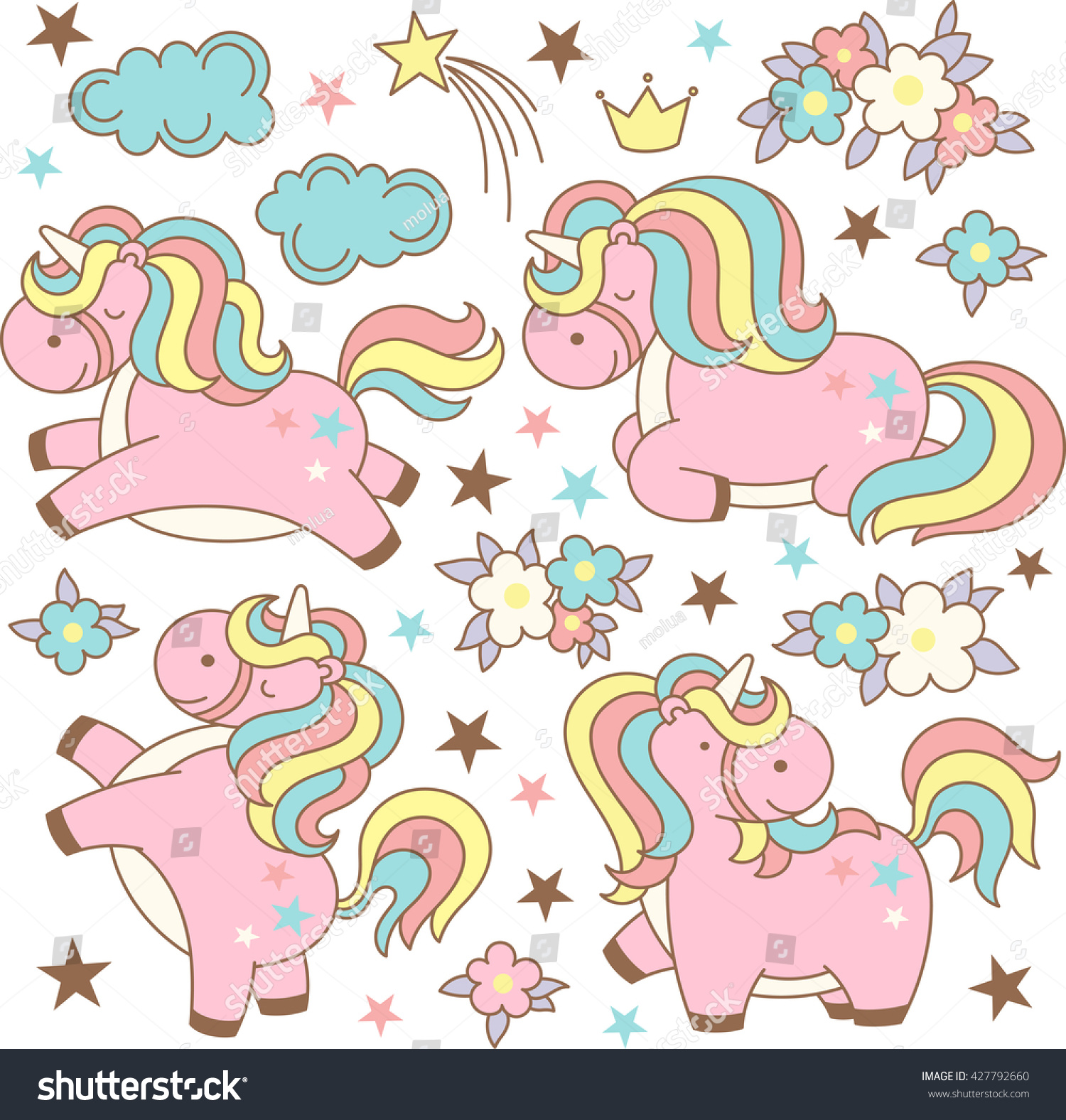 Cute Magic Collection Kawaii Unicorns Stars Stock Vector 427792660 ...