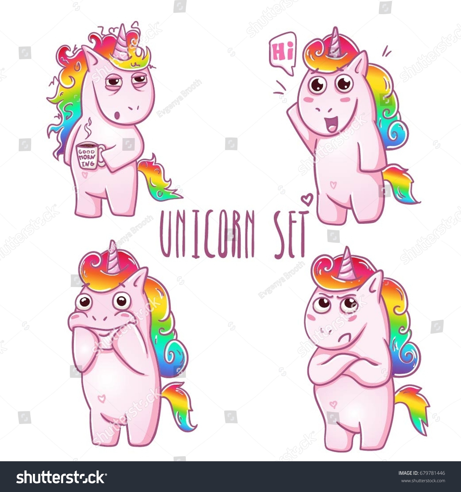 SVG of Cute magic collection with unicorn, love , angry, hi, hello, need more coffe, smile, offended. Sticker, set svg