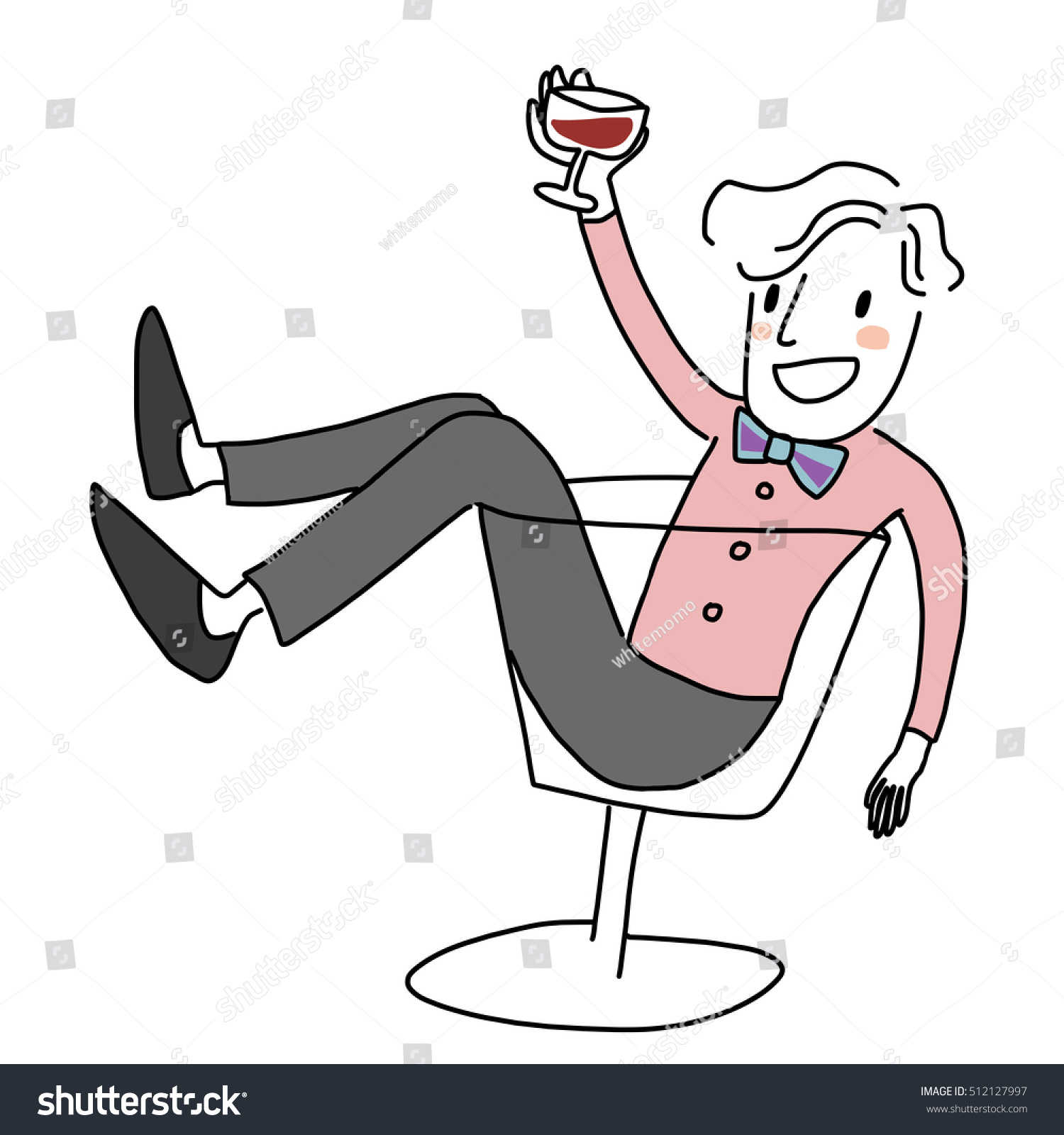 SVG of Cute man with stylish bow tie sitting in a big wine glass, raising a red wine glass and giving a toast. Cheers. Greeting. Celebrations. Vector illustration. svg