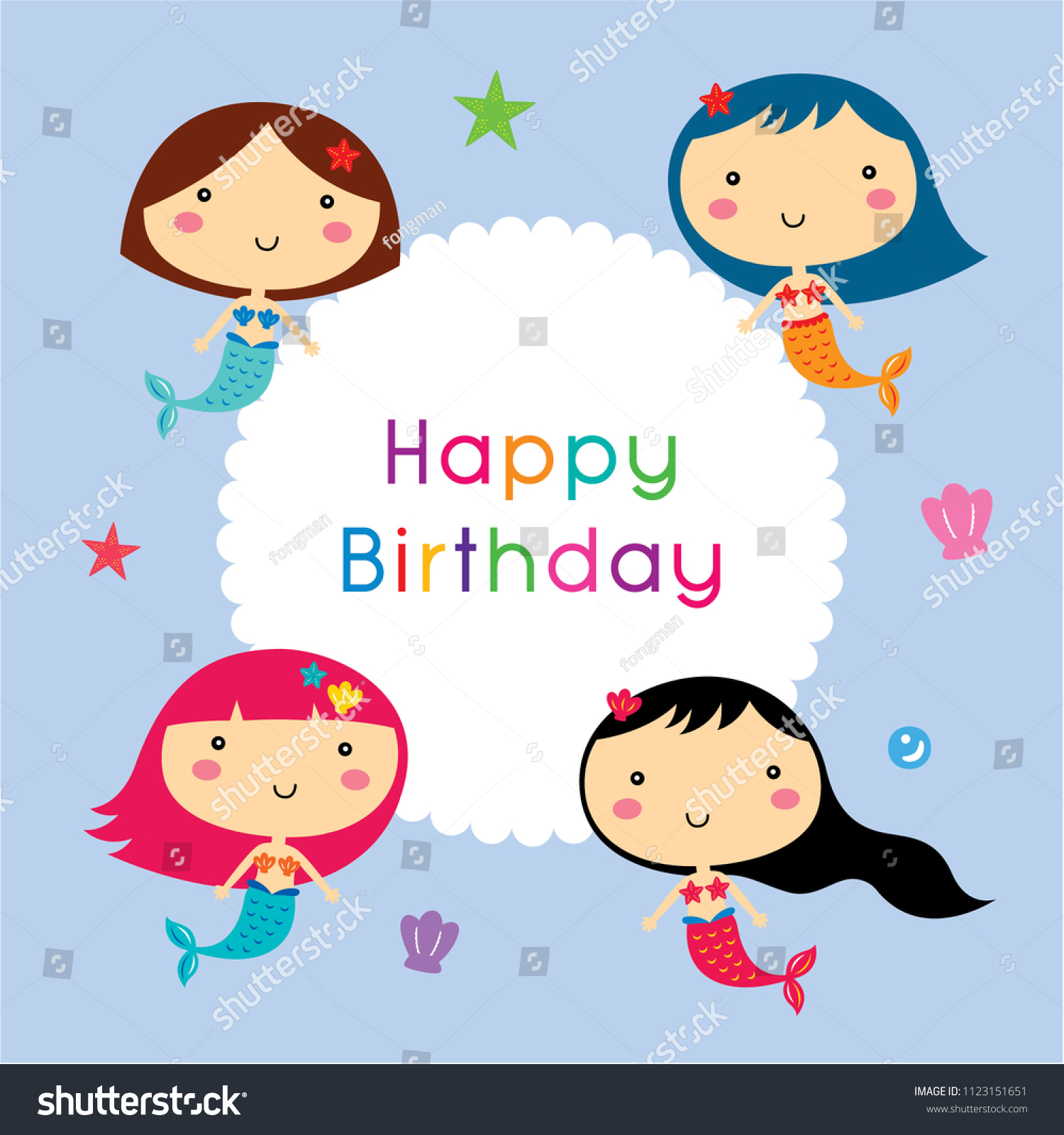 Cute Mermaid Cartoon Happy Birthday Card Stock Vector (Royalty Free ...