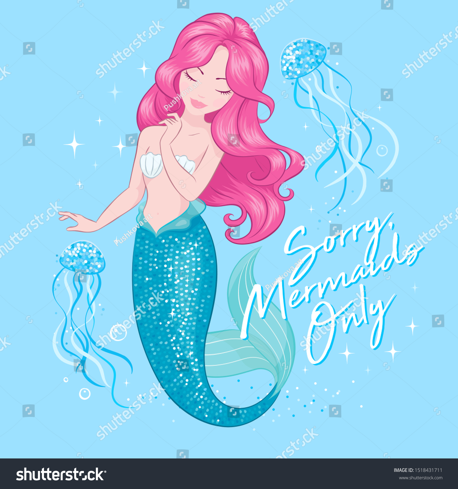 Cute Mermaid Jellyfish Beautiful Mermaid On Stock Vector Royalty Free 1518431711
