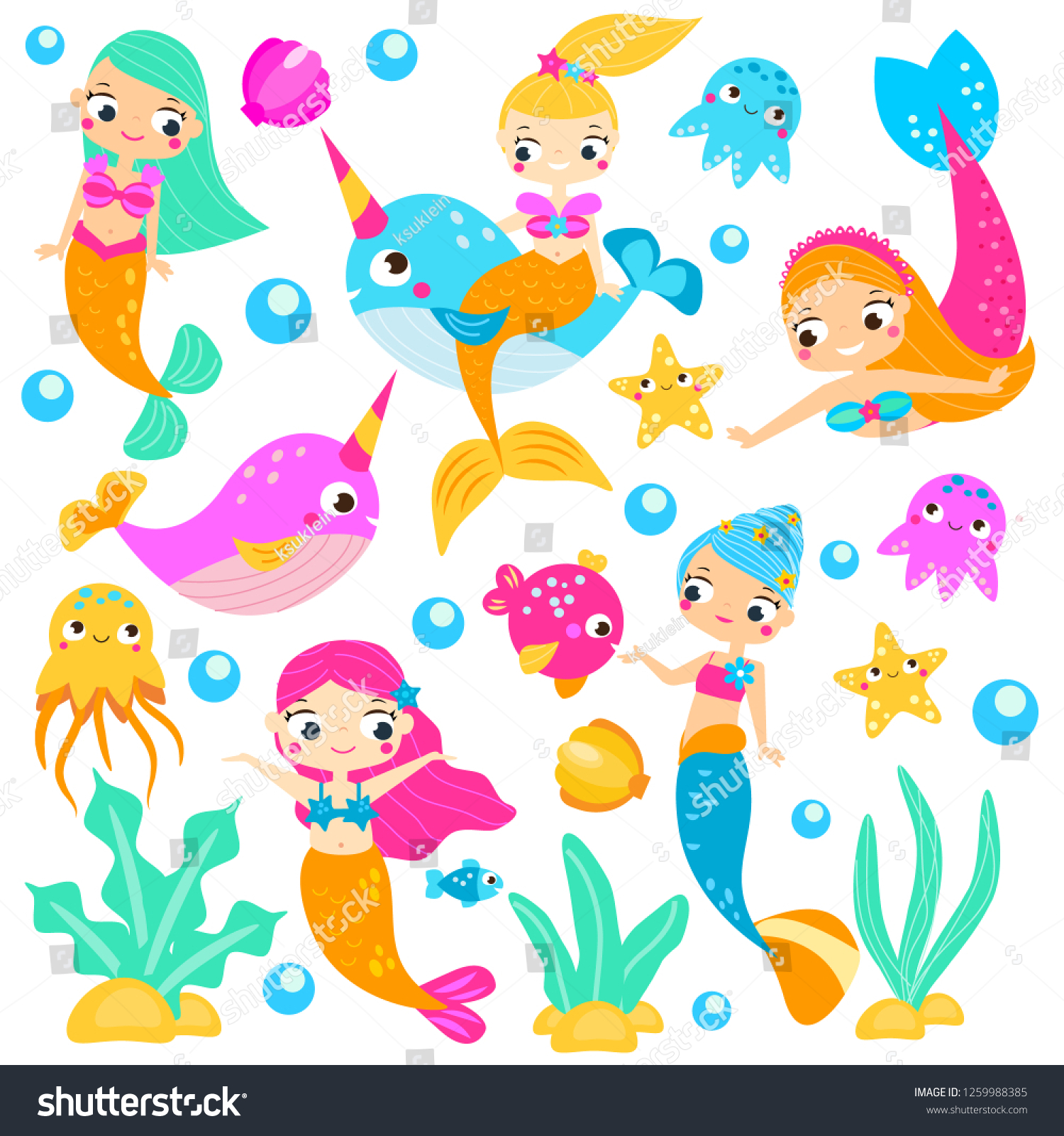Cute Mermaids Cartoon Mermaid Narwhals Fishes Stock Vector Royalty Free