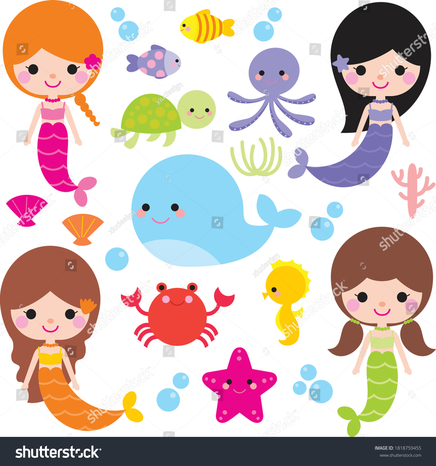 Cute Mermaids Clip Art Sea Animals Stock Vector (Royalty Free ...