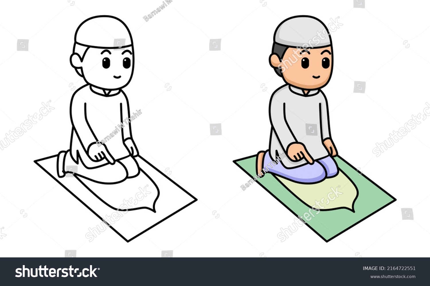 Cute Moslem Boy Praying Coloring Page Stock Vector (Royalty Free ...