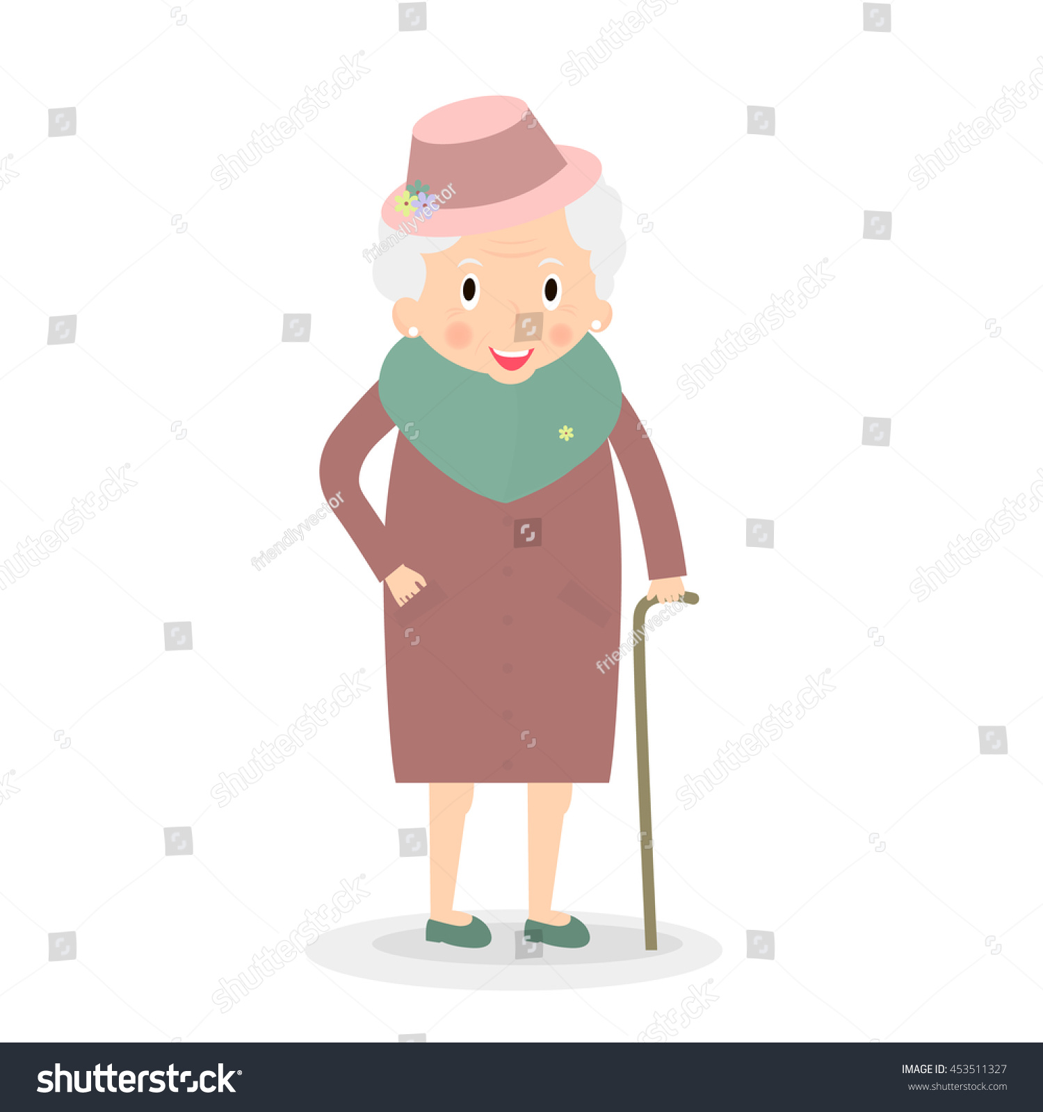 Cute Old Woman Walking Stick Grandmother เวกเตอร์สต็อก ปลอดค่า