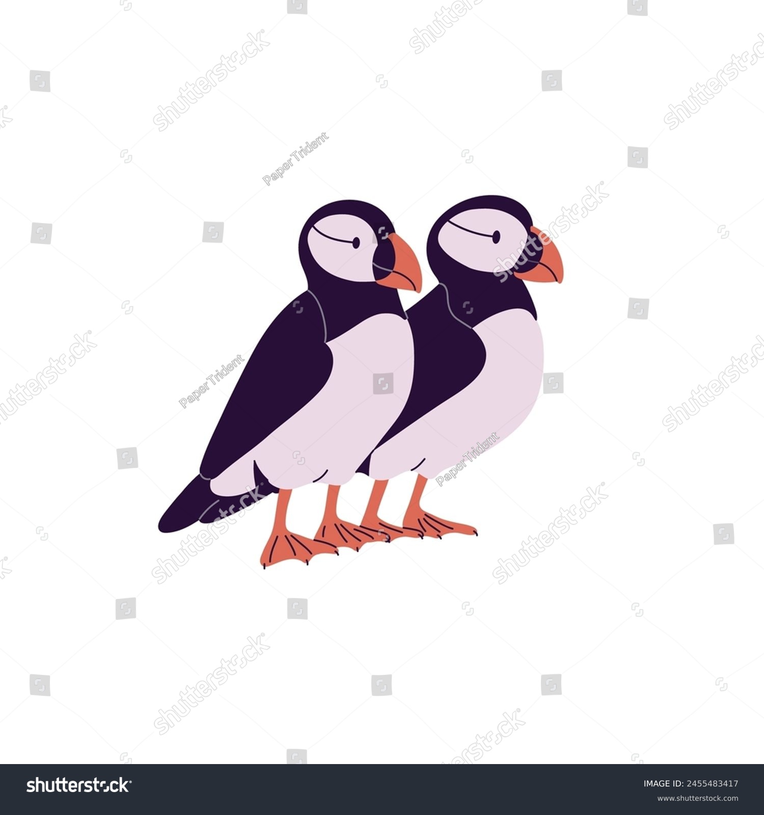 SVG of Cute pair of Atlantic puffins. Seabirds with colored beak. Arctic sea birds of north ocean. Couple of wild antarctic animals with feathers. Flat isolated vector illustration on white background svg