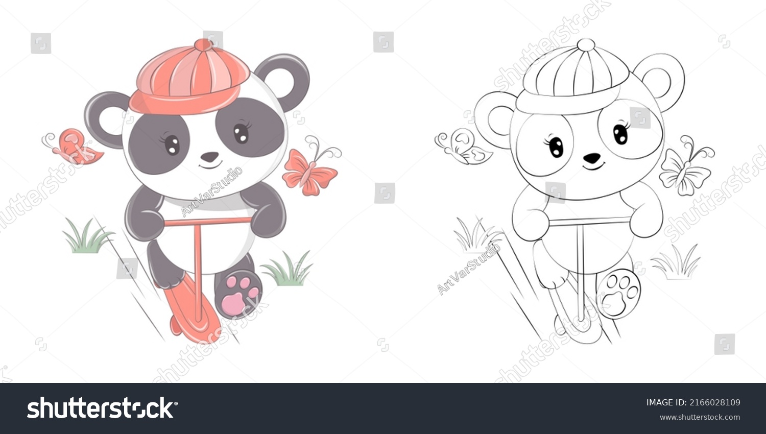 SVG of Cute Panda Clipart for Coloring Page and Illustration. Happy Clip Art Panda on a Scooter. Vector Illustration of an Animal for Stickers, Prints for Clothes, Baby Shower, Coloring Pages.  svg