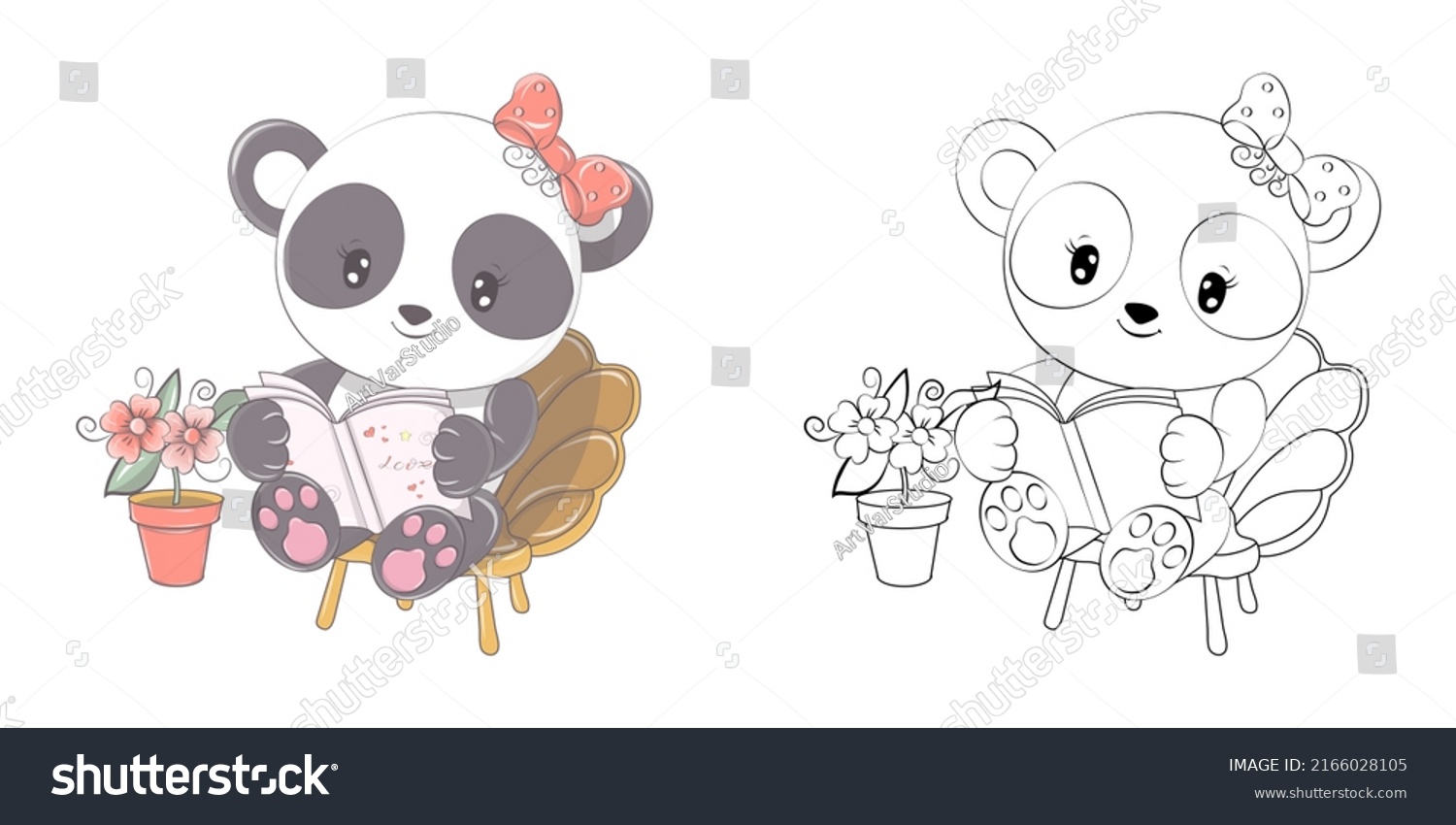SVG of Cute Panda Clipart Illustration and Black and White. Funny Clip Art Panda Reads a Book. Vector Illustration of an Animal for Coloring Pages, Stickers, Baby Shower, Prints for Clothes.  svg