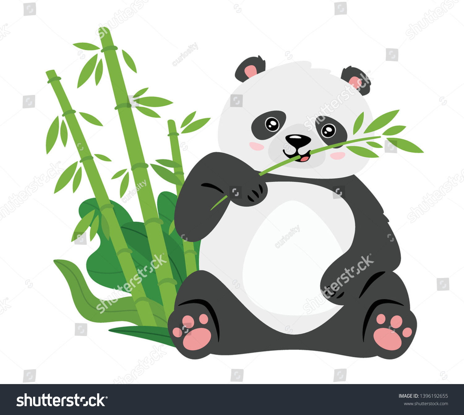 SVG of Cute panda eating bamboo stems flat vector illustration. Asian rainforest adorable bear isolated design element. Jungle wildlife, zoo lazy animal. Wild mammal cartoon character smiling svg