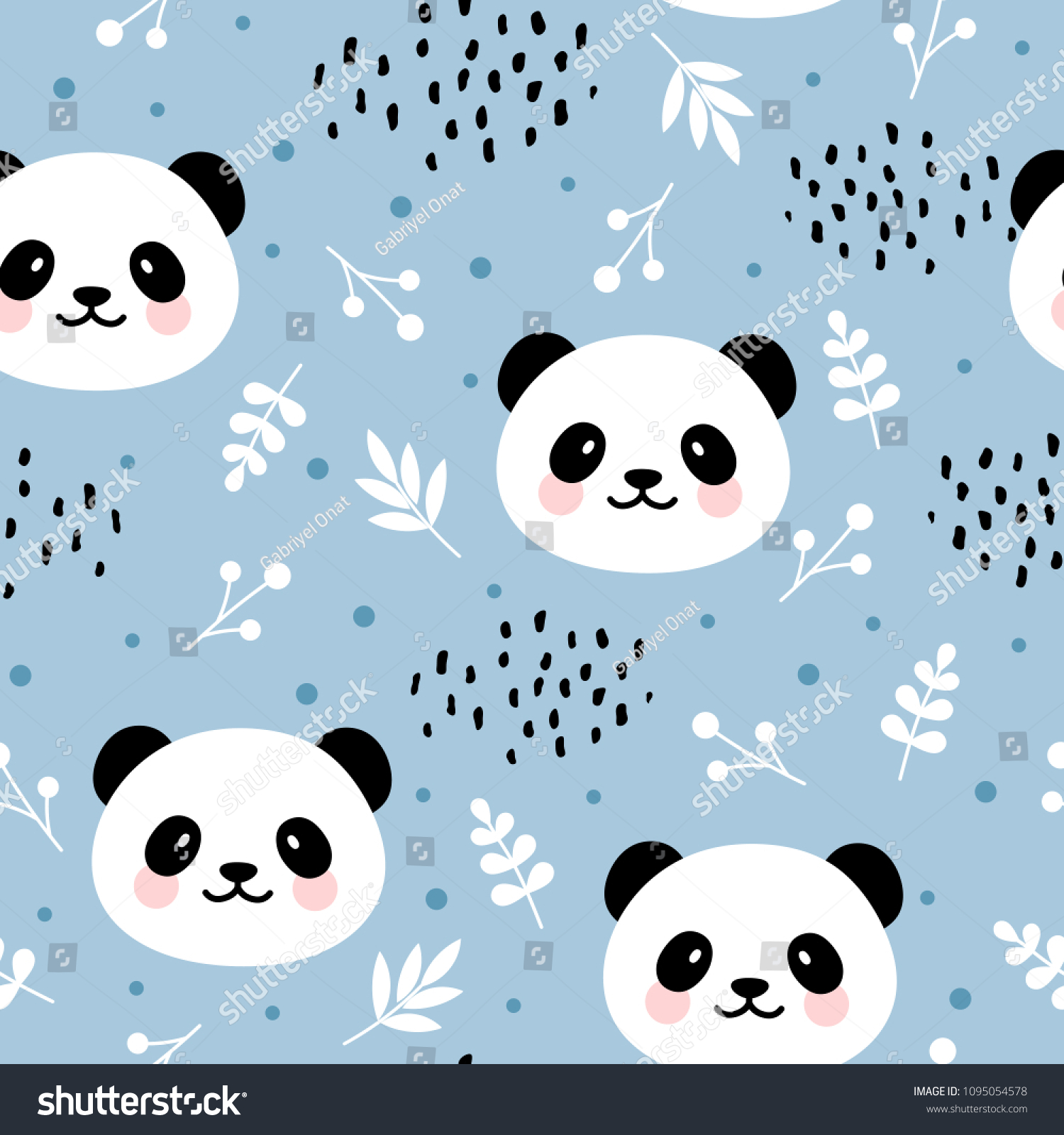 SVG of Cute panda seamless pattern, hand drawn forest background with flowers and dots, vector illustration svg