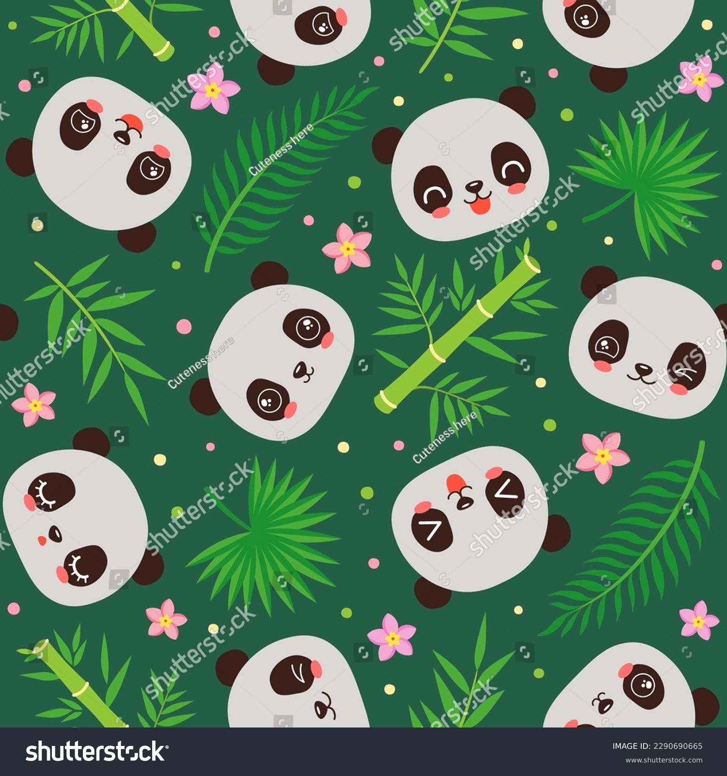 SVG of Cute panda seamless pattern. Summer repeat design. Babmoo leaves and palm leaf. Kawaii panda cartoon head seamless design tile. Cartoon animal chinese bear panda faces. Children fashion print fabric. svg