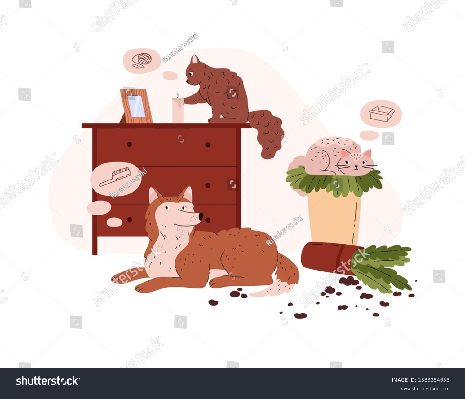 SVG of Cute pets with clouds of thoughts in room flat style, vector illustration isolated on white background. Decorative design element, naughty characters, broken houseplant svg