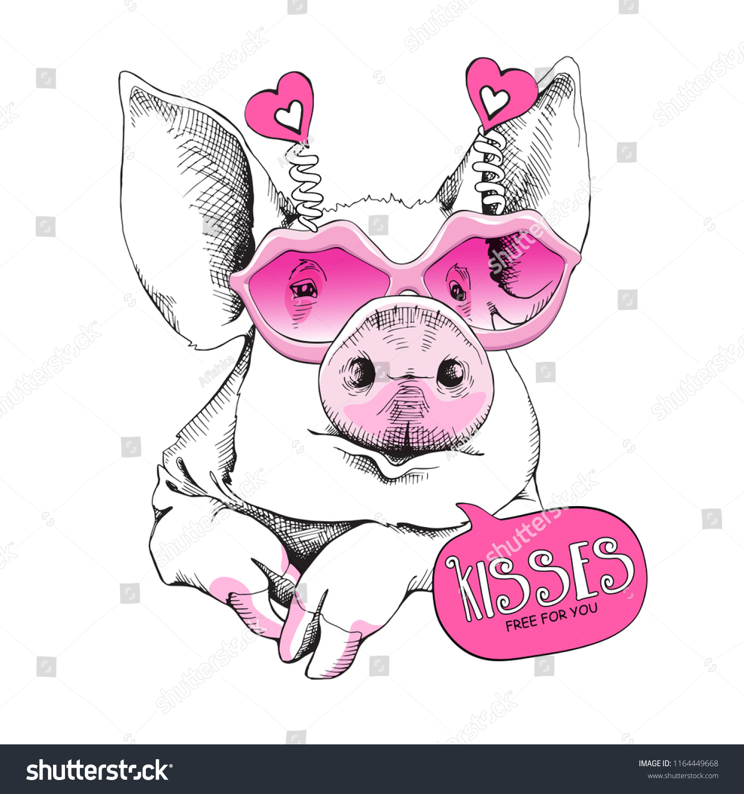 ピンクの唇にサングラスをかけたかわいい豚 キスは無料です バレンタインデーのユーモアカード Tシャツ構成 手描きのスタイルのプリント ベクターイラスト のベクター画像素材 ロイヤリティフリー