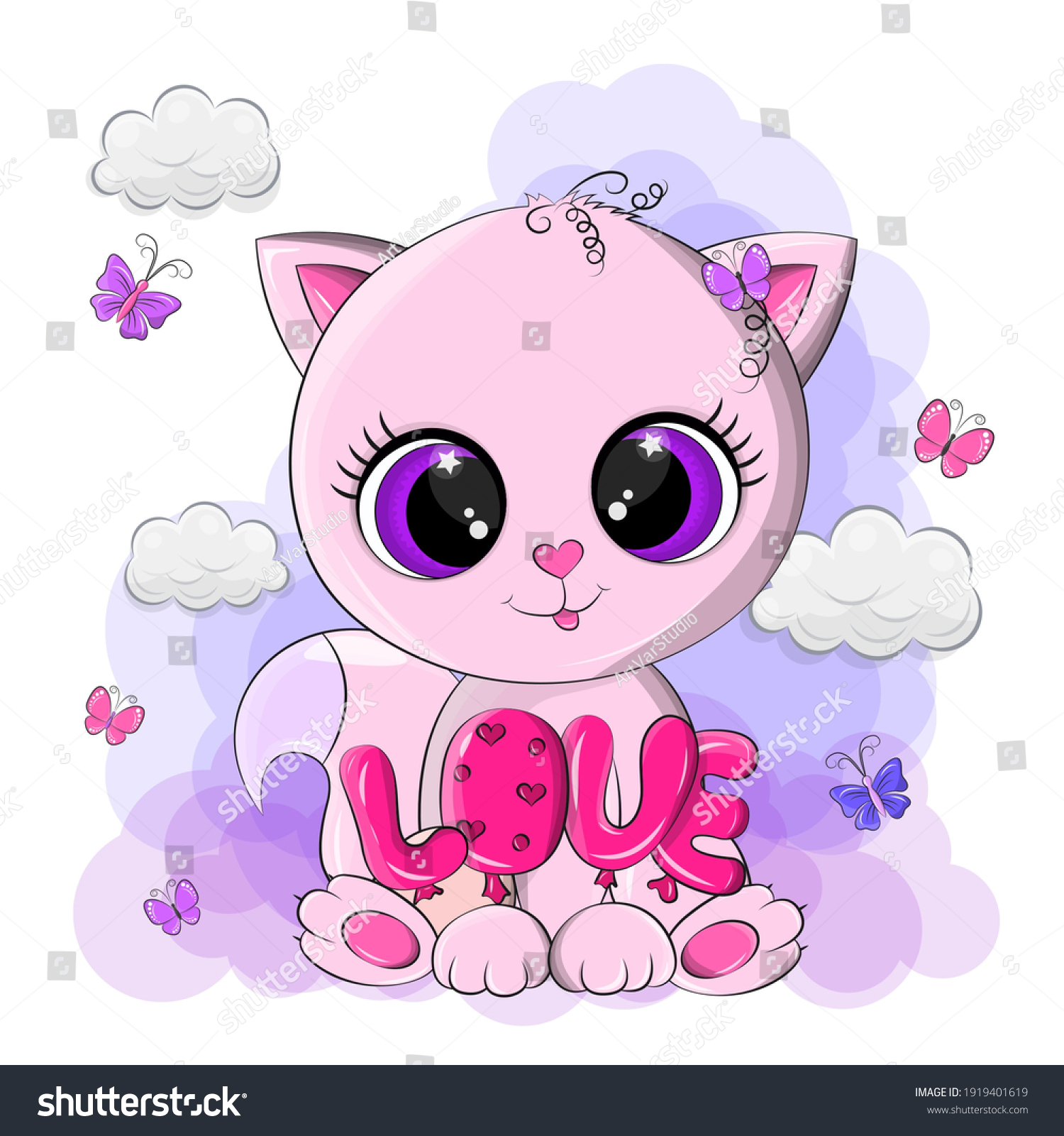 Cute Pink Cat Big Loving Eyes Stock Vector (Royalty Free) 1919401619 ...