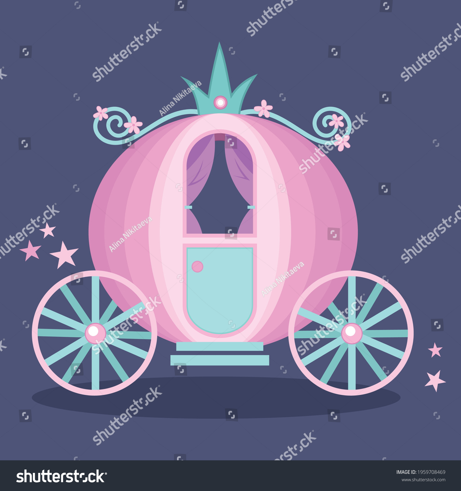 SVG of Cute pink cinderella princess carriage with floral decoration and stardust cartoon vector illustration. Medieval kingdom transport. svg