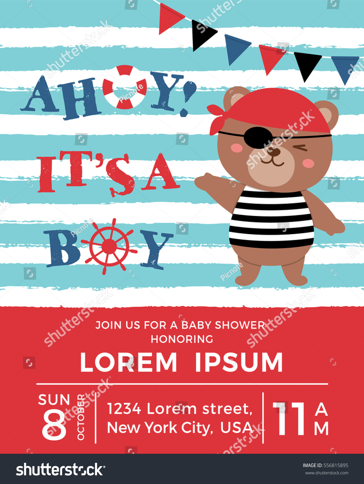 SVG of Cute pirate bear cartoon illustration with text Ahoy it's a boy for baby shower invitation card design template svg