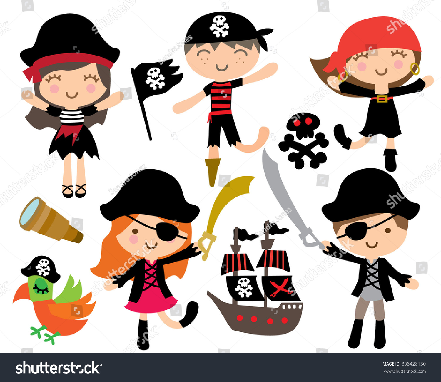 Cute Pirate Kids Pirate Ship Stock Vector Royalty Free