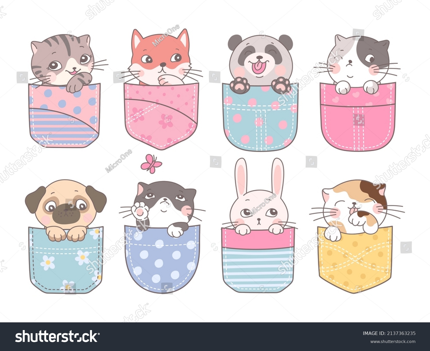 SVG of Cute pocket animal. Cartoon pockets kitten, dog and bunny. Happy friends for kids, adorable pets print. Funny nowaday panda, fox and cats vector kit svg
