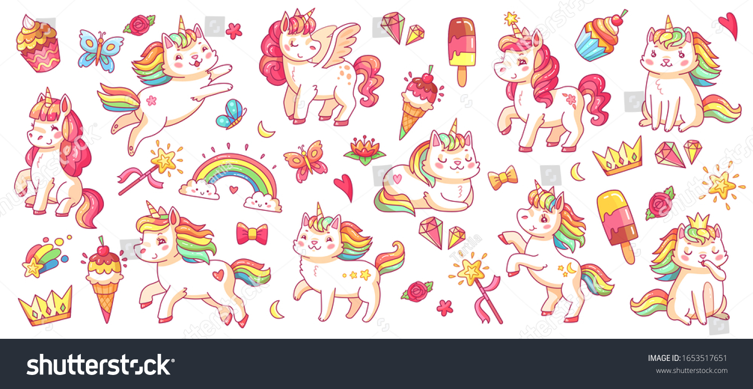 SVG of Cute pony and cat unicorns. baby rainbow pegasus and caticorn, diamond and crown, butterfly and magic wand isolated cartoon vector characters set for kids book svg