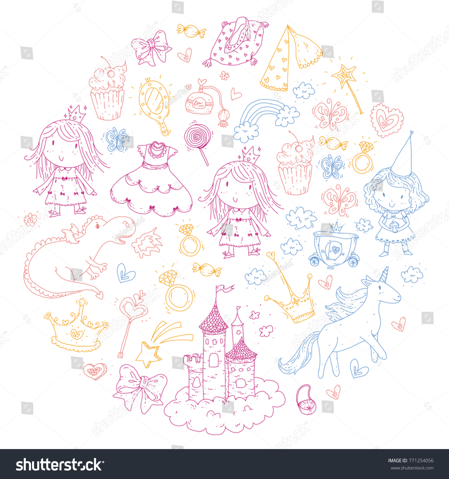 Cute Princess Icons Set Unicorn Dragon Stock Vector 771254056