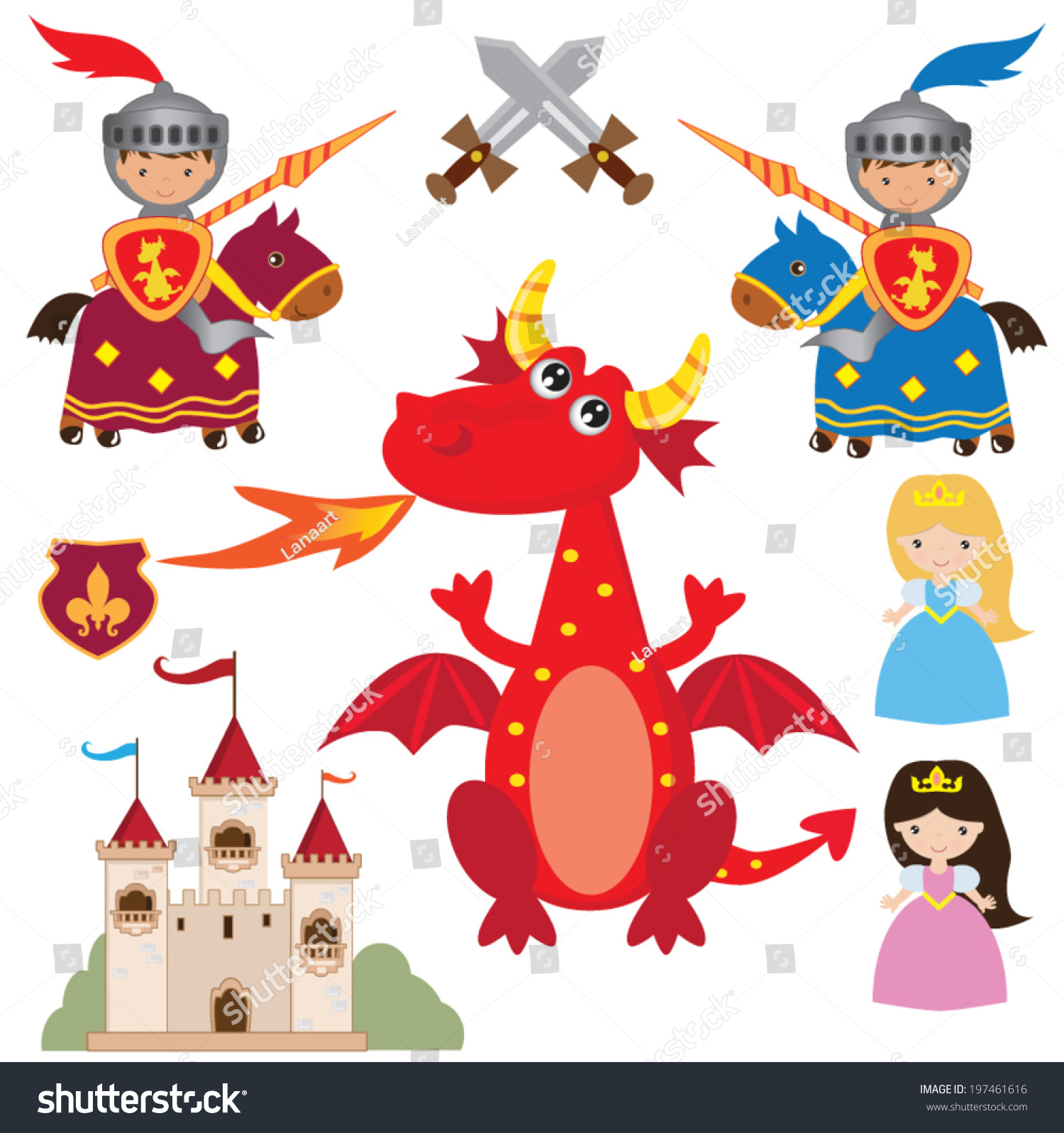 Cute Princess, Knight And Dragon Illustration - 197461616 : Shutterstock