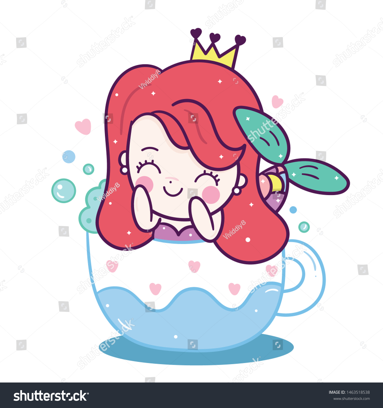 かわいい人魚姫のベクターガール漫画kawaiiキャラクターおとぎ話のパステルカラー コドモ部屋の装飾 白い背景に落書き風手のイラスト 子どものグリーティングカードデザインに最適 のベクター画像素材 ロイヤリティフリー
