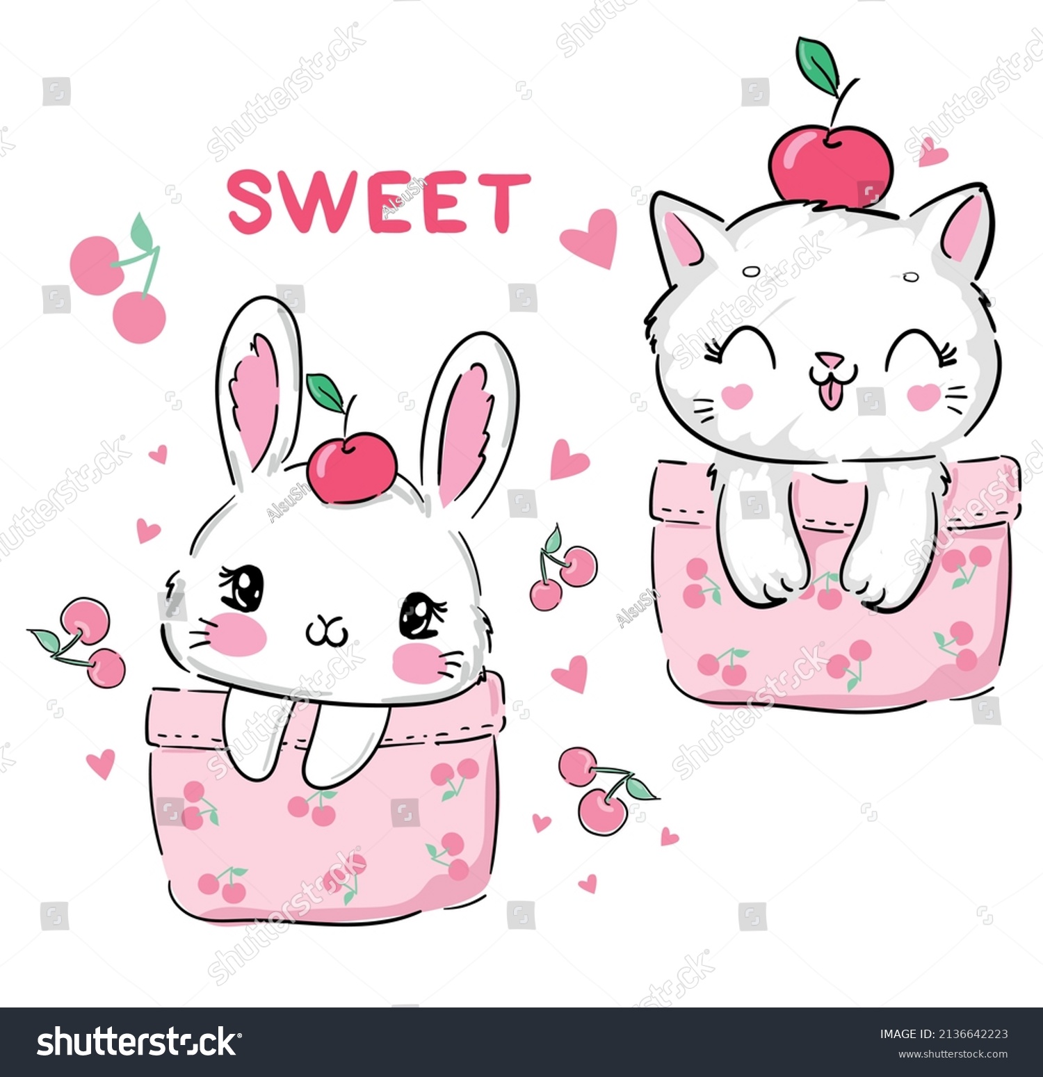 SVG of Cute rabbit and cat sits in pocket with cherry, kids print vector illustration svg