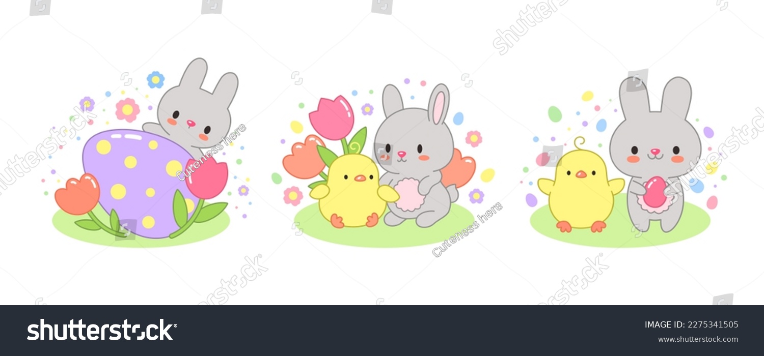 SVG of Cute rabbit and chick cartoon bunny kawaii vector. Spring Easter greeting. Adorable little friends bunny and chick with Easter egg and cute tulips. Children illustration japanese korean anime style. svg