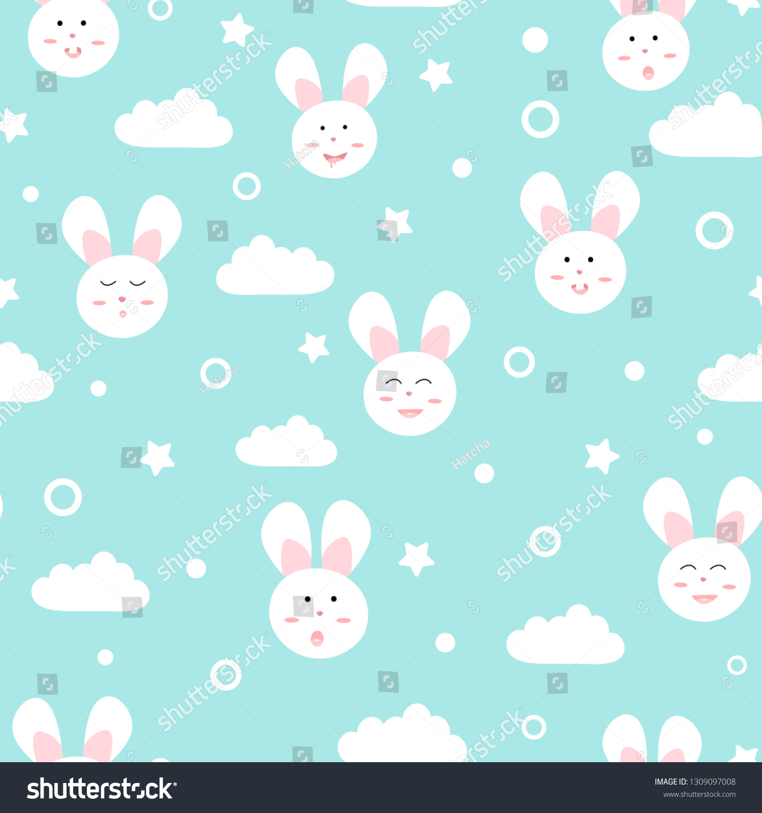 Cute Rabbit Clouds Stars Cartoon Face Stock Vector (Royalty Free ...