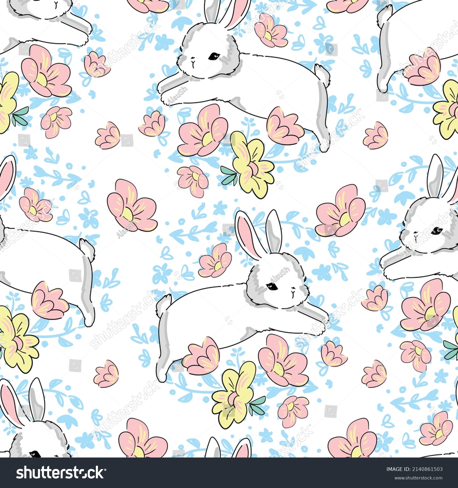 Cute Rabbits Flower Arrangement Pink Background Stock Vector (Royalty ...