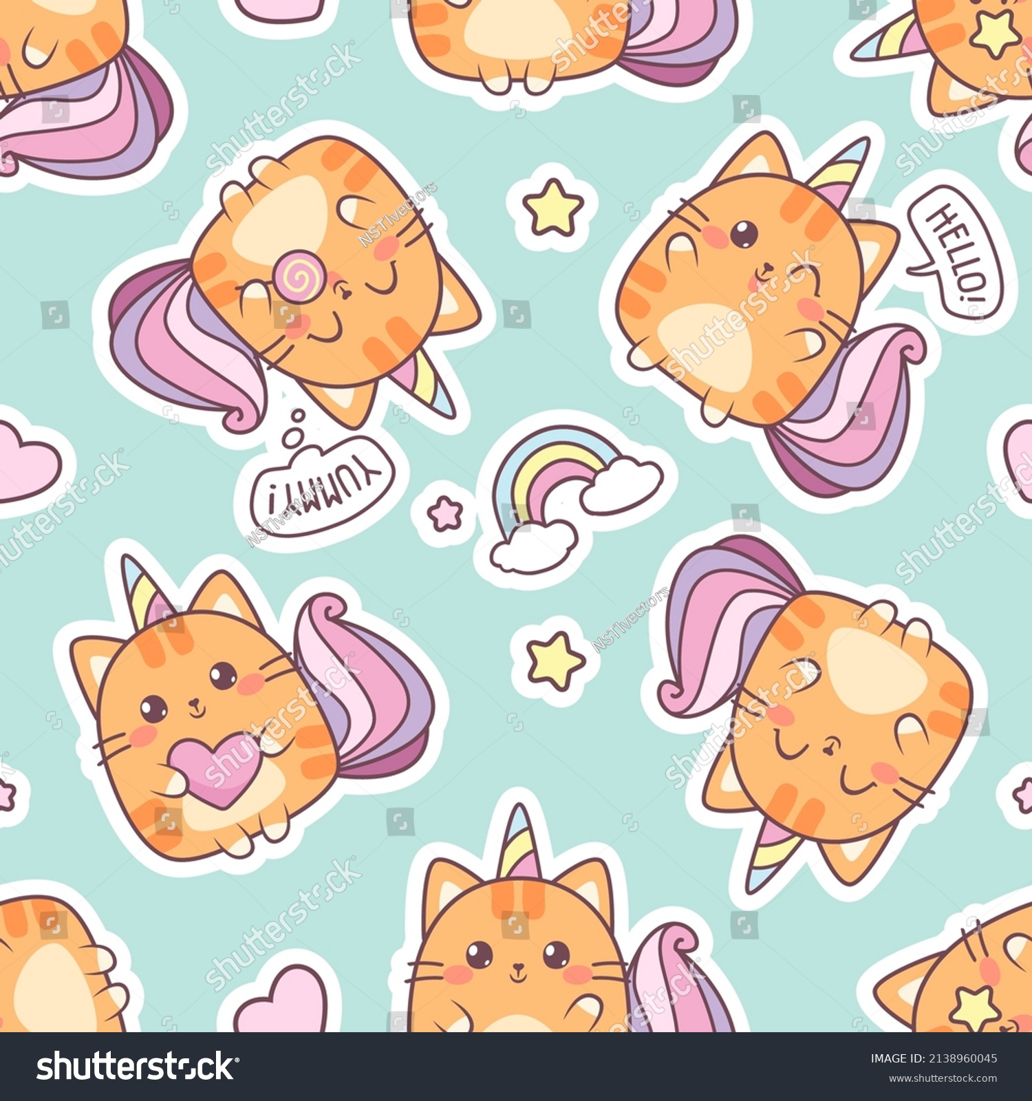 SVG of Cute Red Cat Caticorn or Kitten Unicorn vector seamless pattern. Kawaii Cat Unicorn with lollipop. Isolated vector illustration for kids design prints, posters, t-shirts, stickers svg