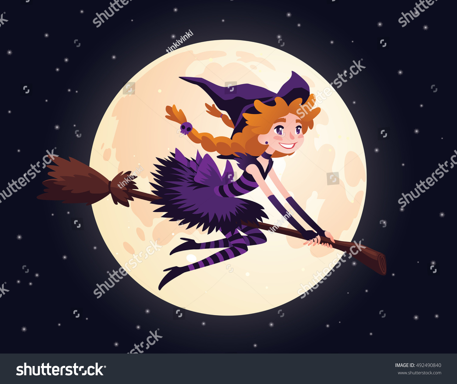 Cute Redhead Witch Flying On Broom Stock Vector Royalty Free 492490840 