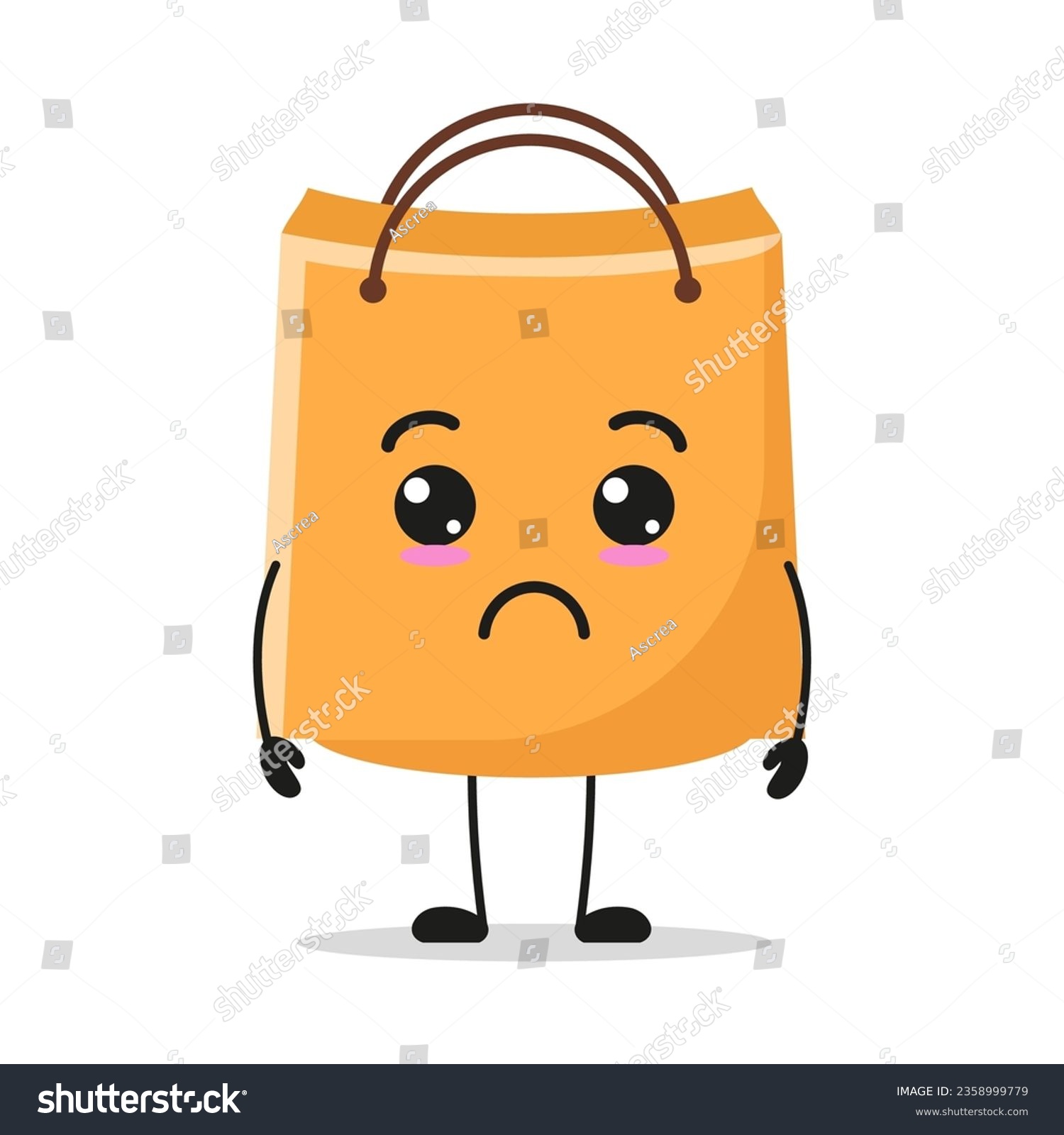 SVG of Cute sad shopping bag character. Funny unhappy paper bag cartoon emoticon in flat style. bag emoji vector illustration svg