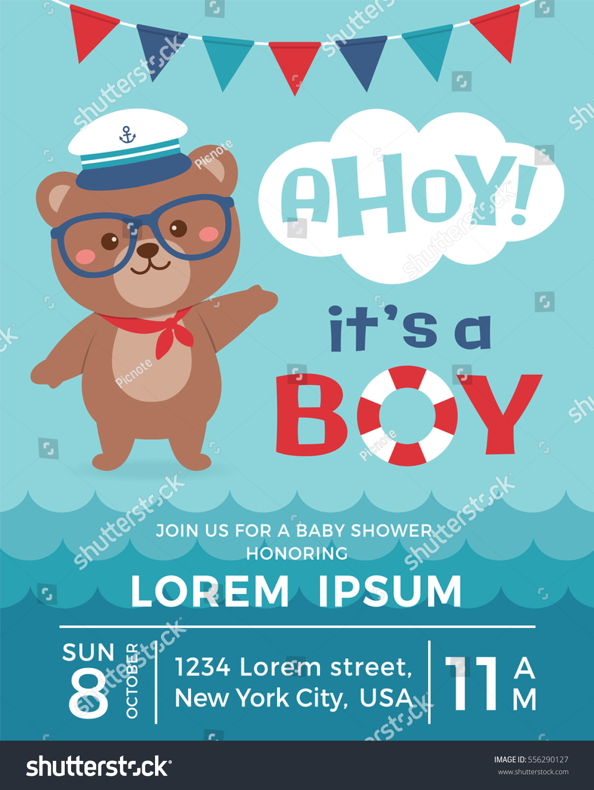 SVG of Cute sailor bear cartoon illustration with ahoy it's a boy typography for baby shower invitation card design template svg
