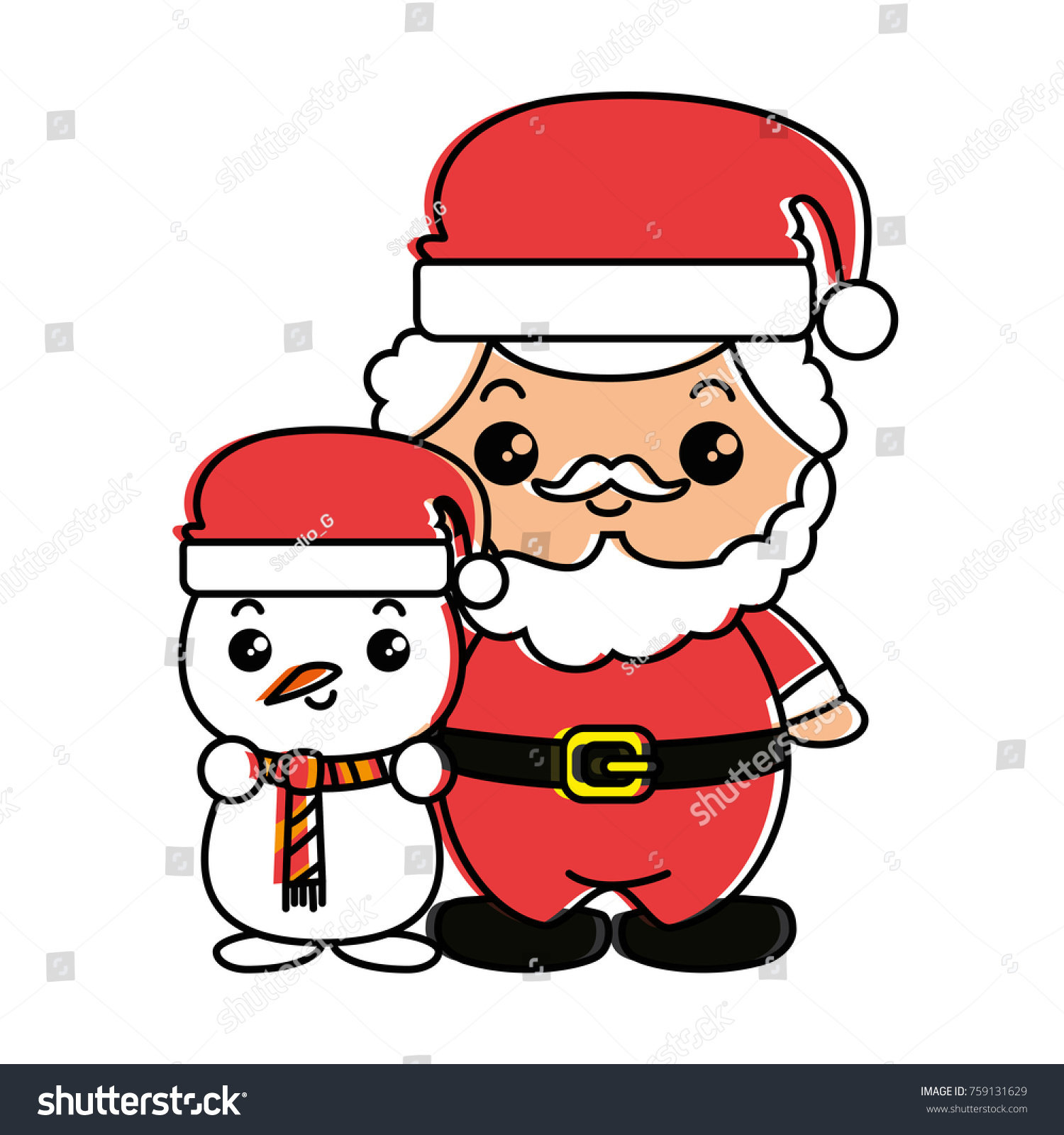 Cute Santa Claus Snowman Kawaii Characters Stock Vector Royalty