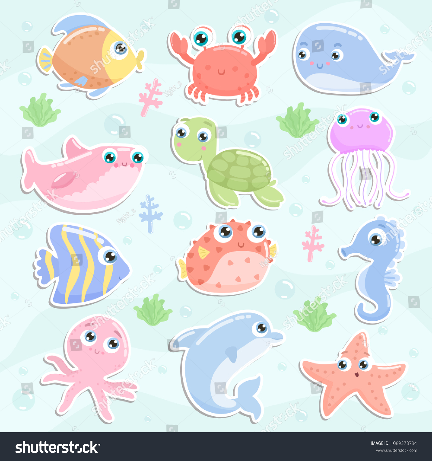Cute Sea Animal Stickers Flat Design Stock Vector (Royalty Free ...