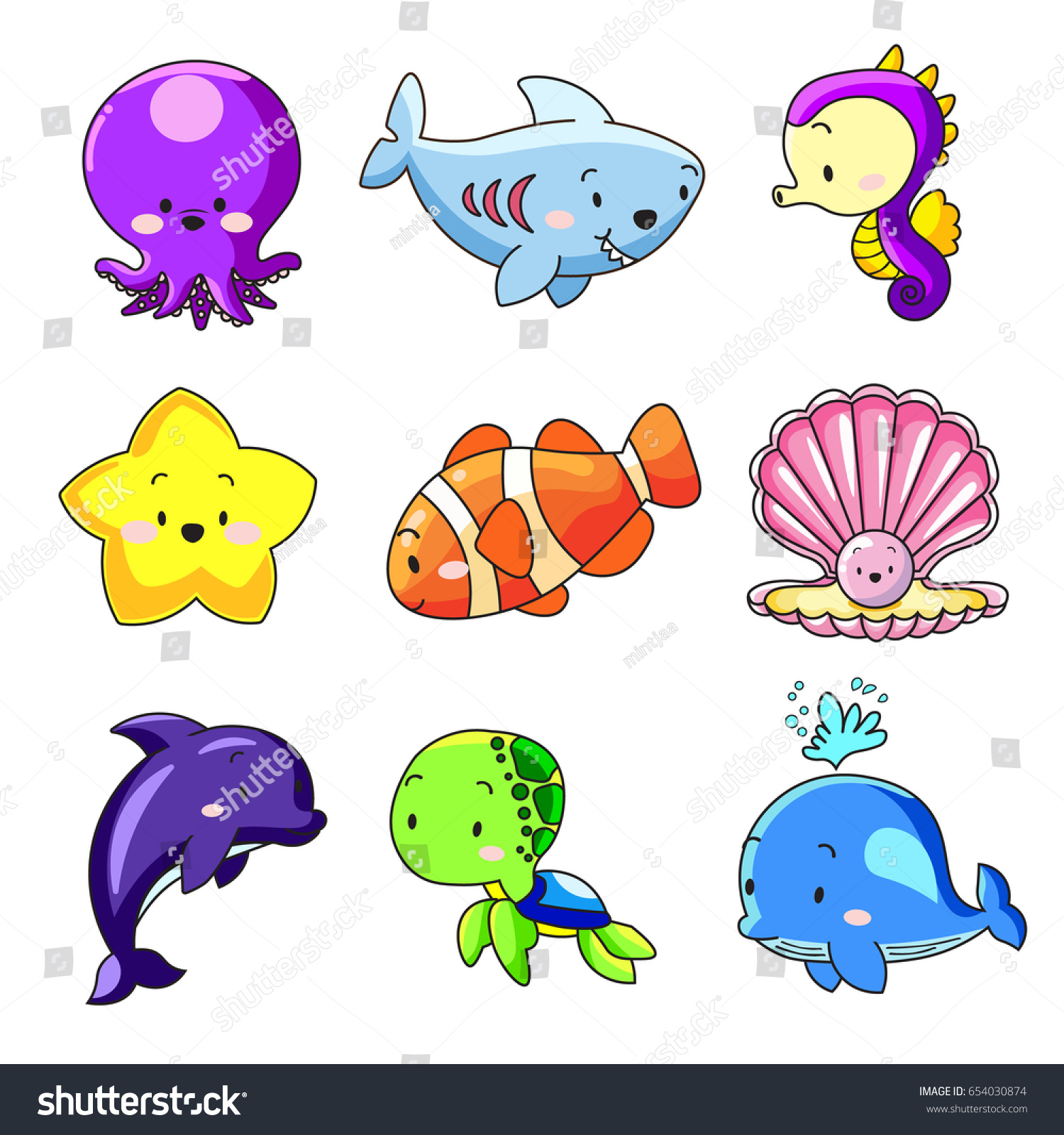 Cute Sea Animals Cartoon Collection Stock Vector Royalty Free