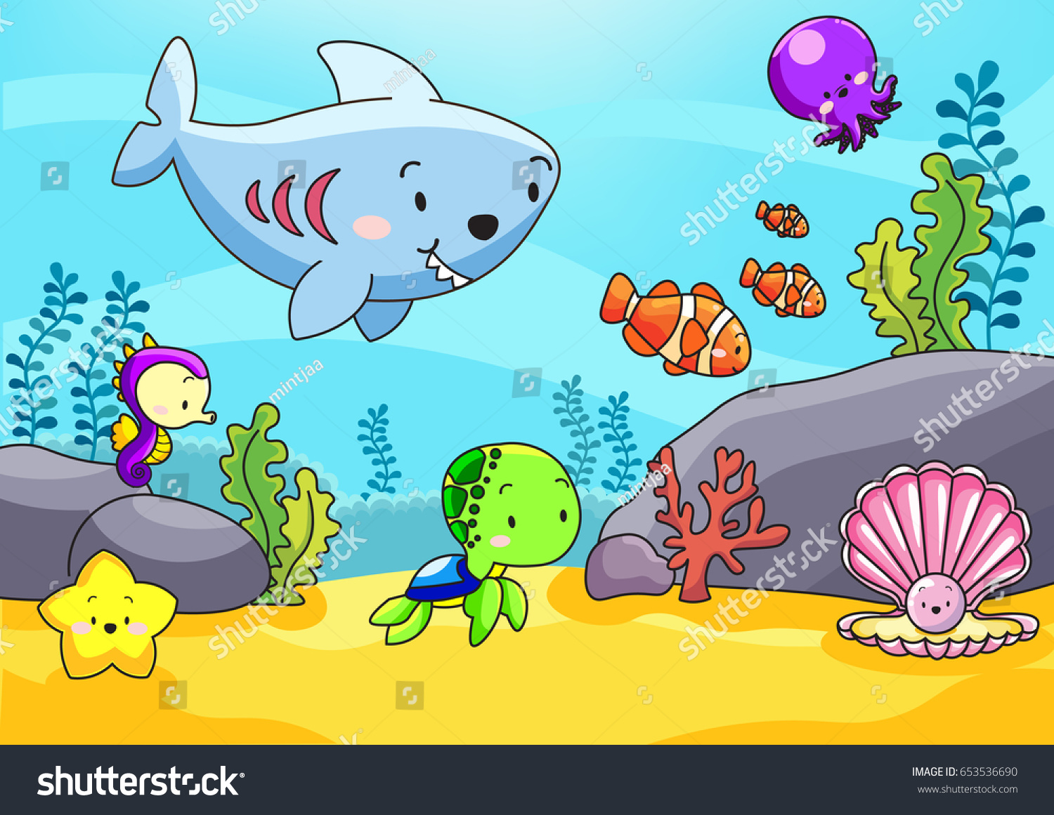 Cute Sea Animals Ocean Stock Vector (Royalty Free) 653536690 | Shutterstock