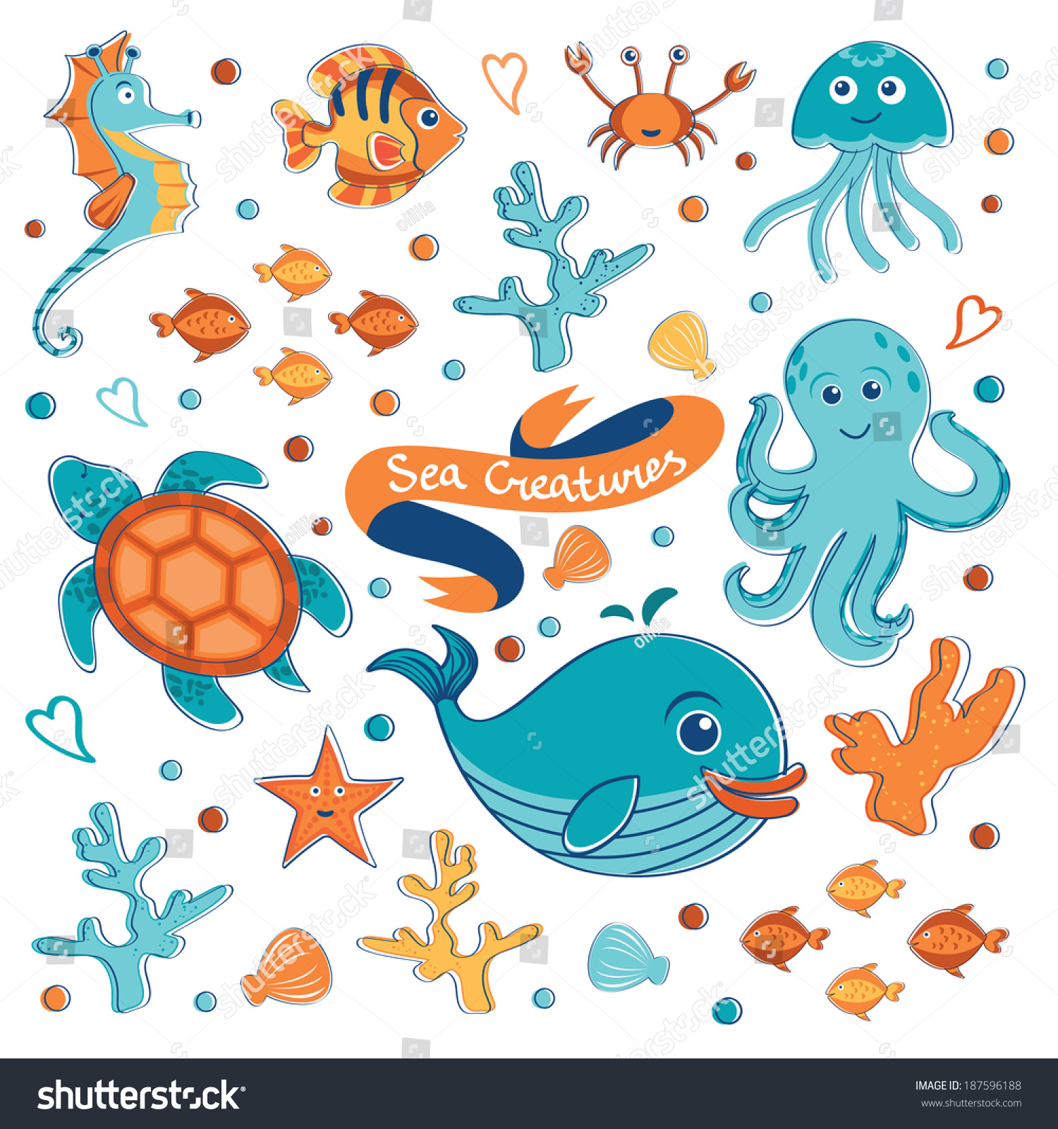 Cute Sea Creatures Collection. Vector Illustration - 187596188