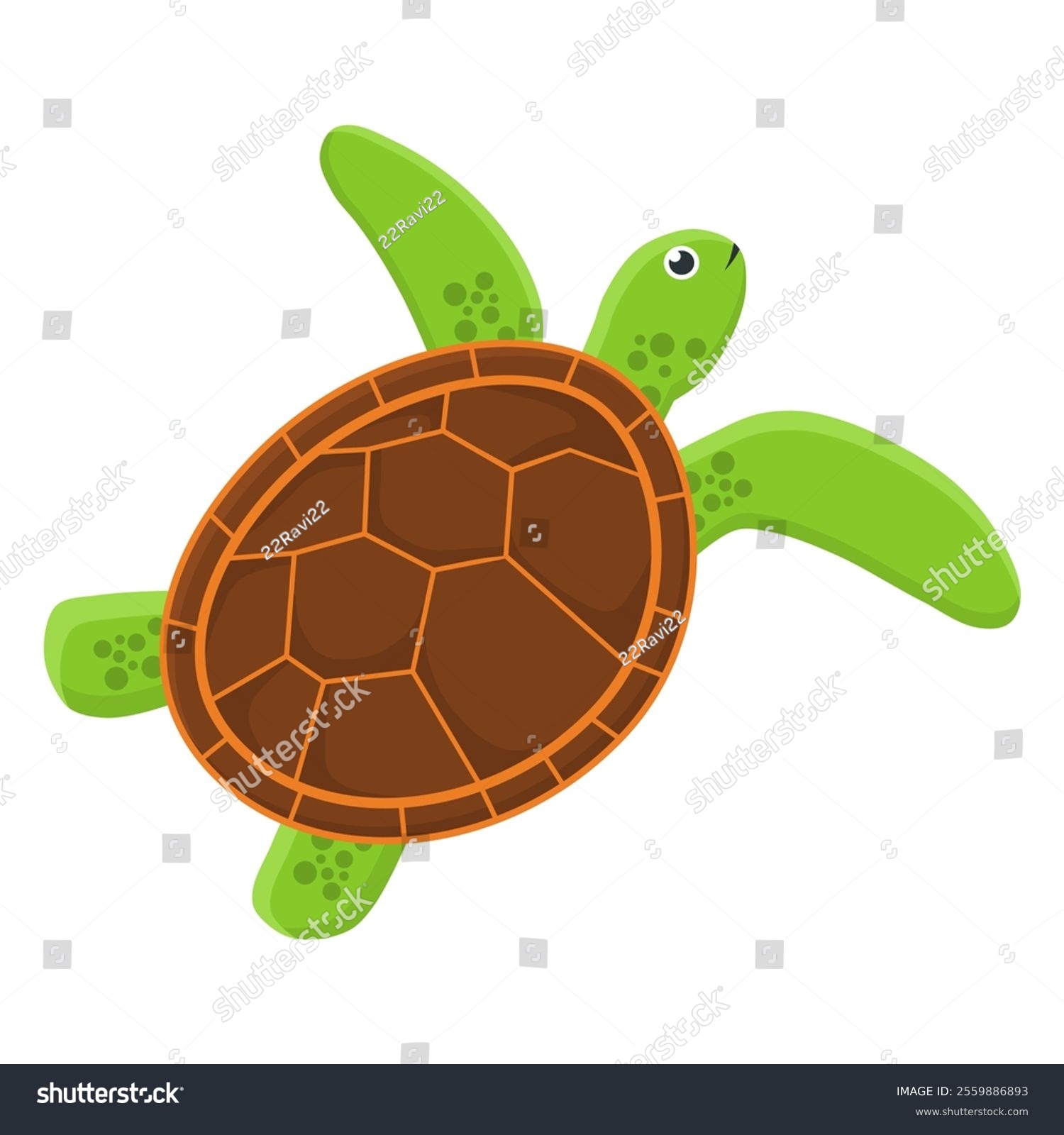 green turtle cartoon, brown shell, swimming clip art preview
