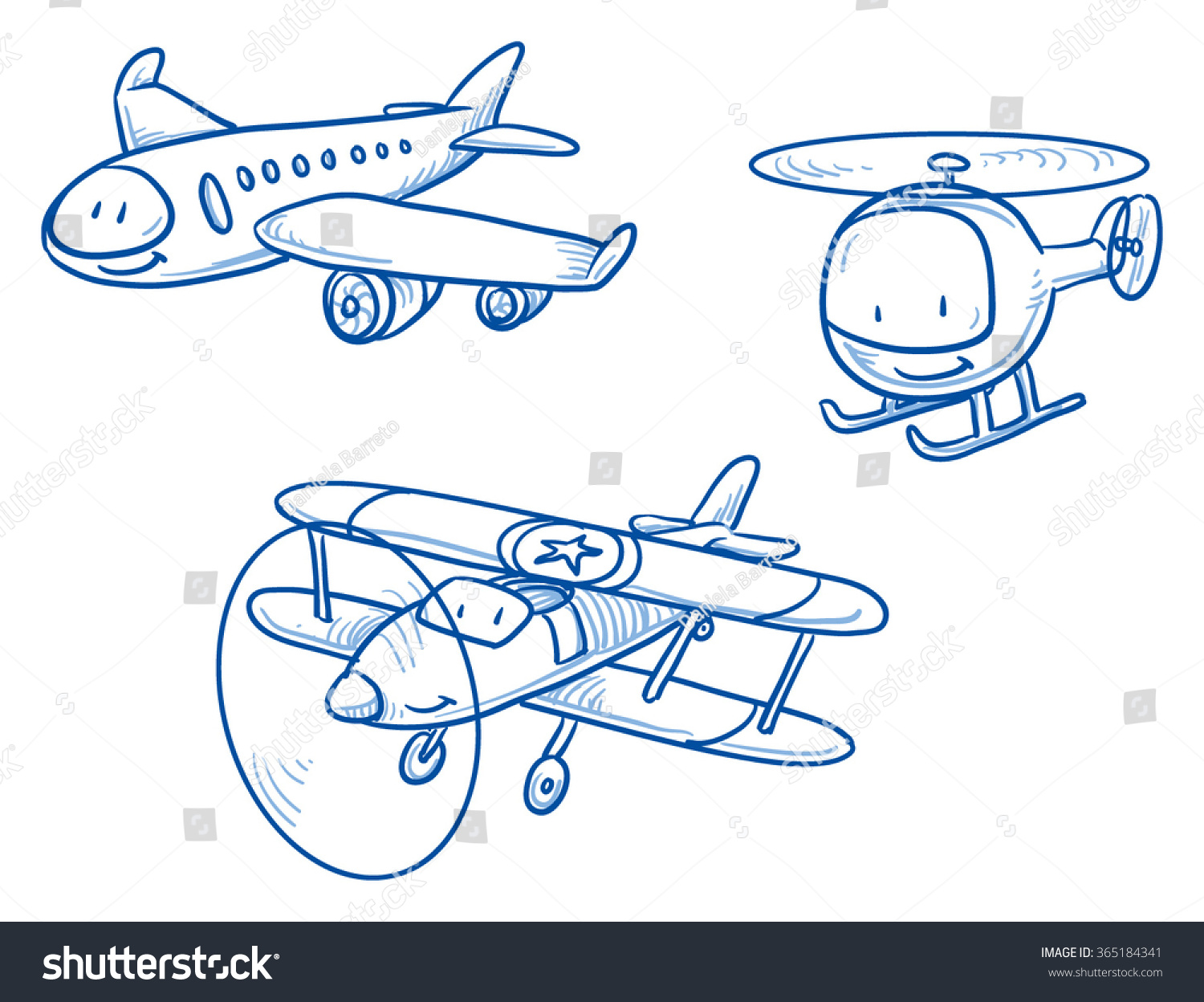 可愛い航空機 飛行機 ヘリコプター バイプレーン 手描きのベクターカートーンの落書きイラスト のベクター画像素材 ロイヤリティフリー