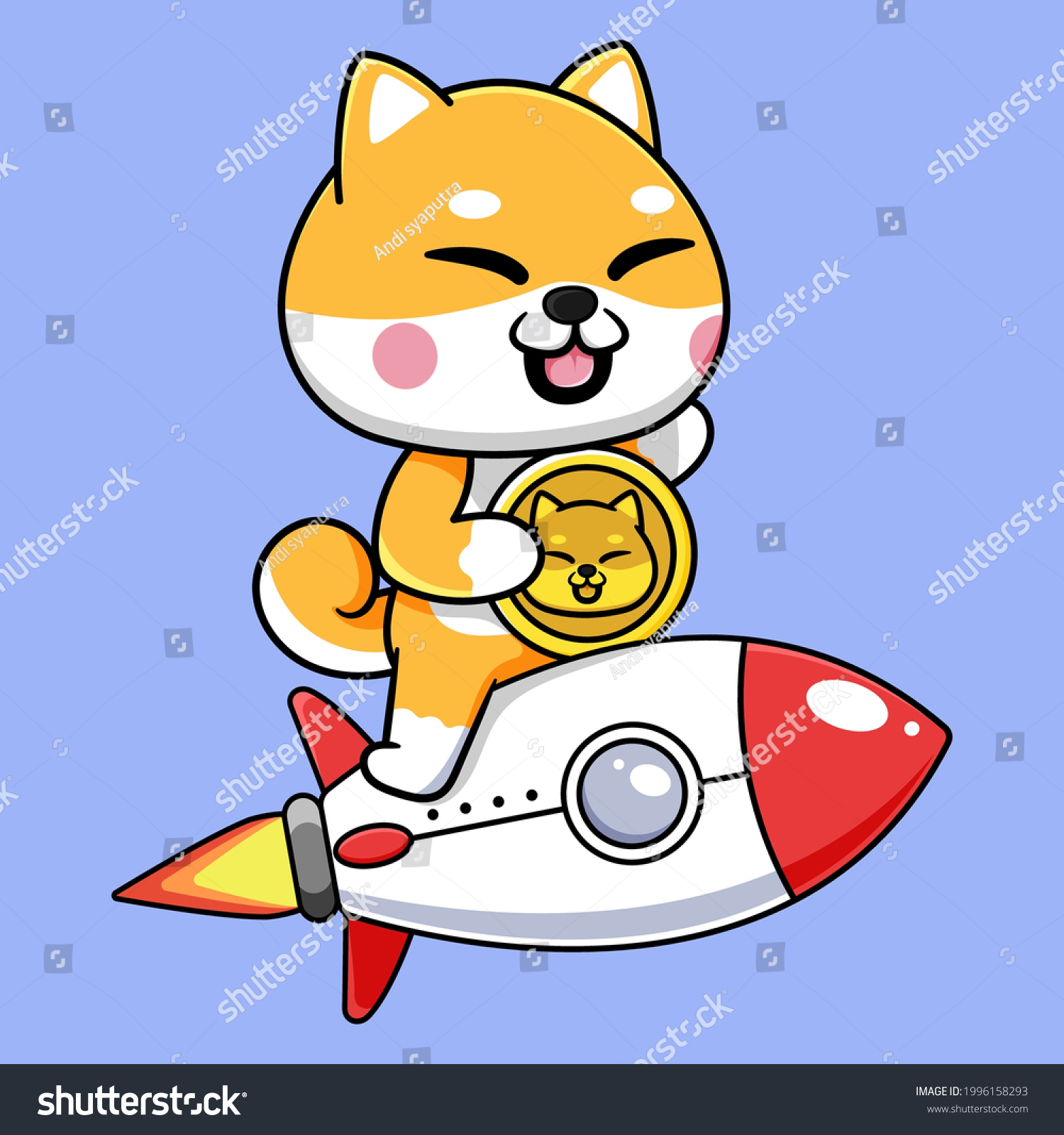 SVG of cute shiba inu with dogecoin and flying rocket svg