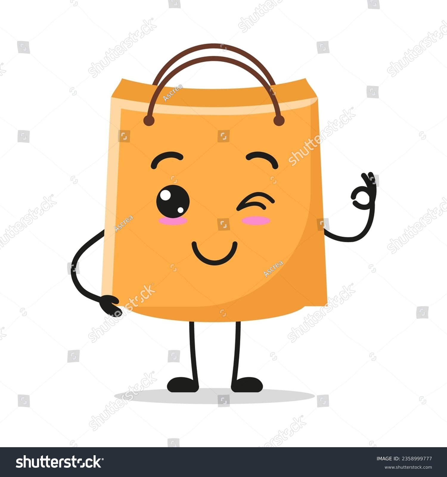SVG of Cute shopping bag character. Funny smiling and wink paper bag cartoon emoticon in flat style. bag emoji vector illustration svg