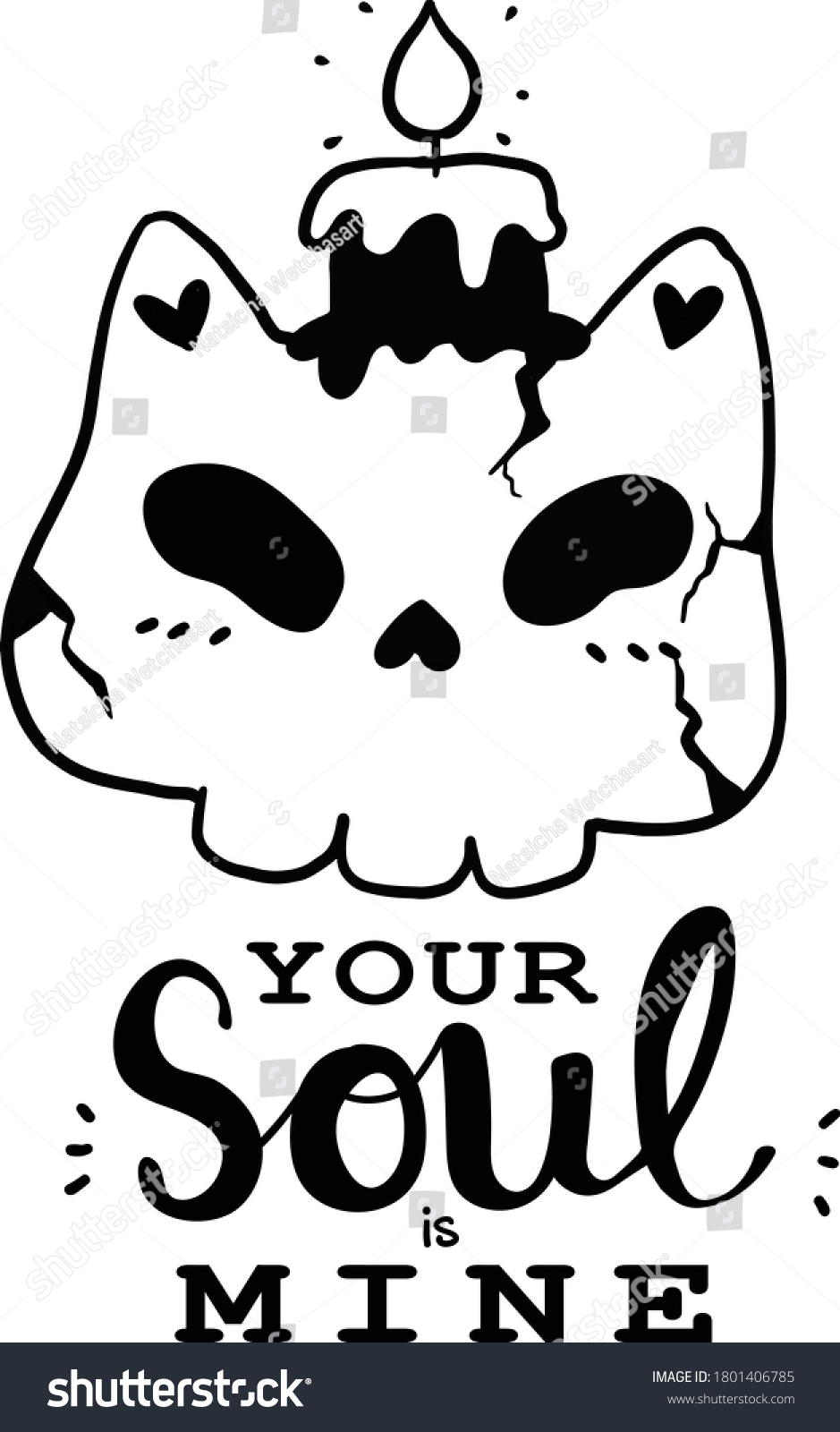 SVG of cute skull cat with candle black and white doodle Halloween your soul is mine, cut file good for svg, idea for cat lover, cat slave, kdp, sticker print, sublimation svg
