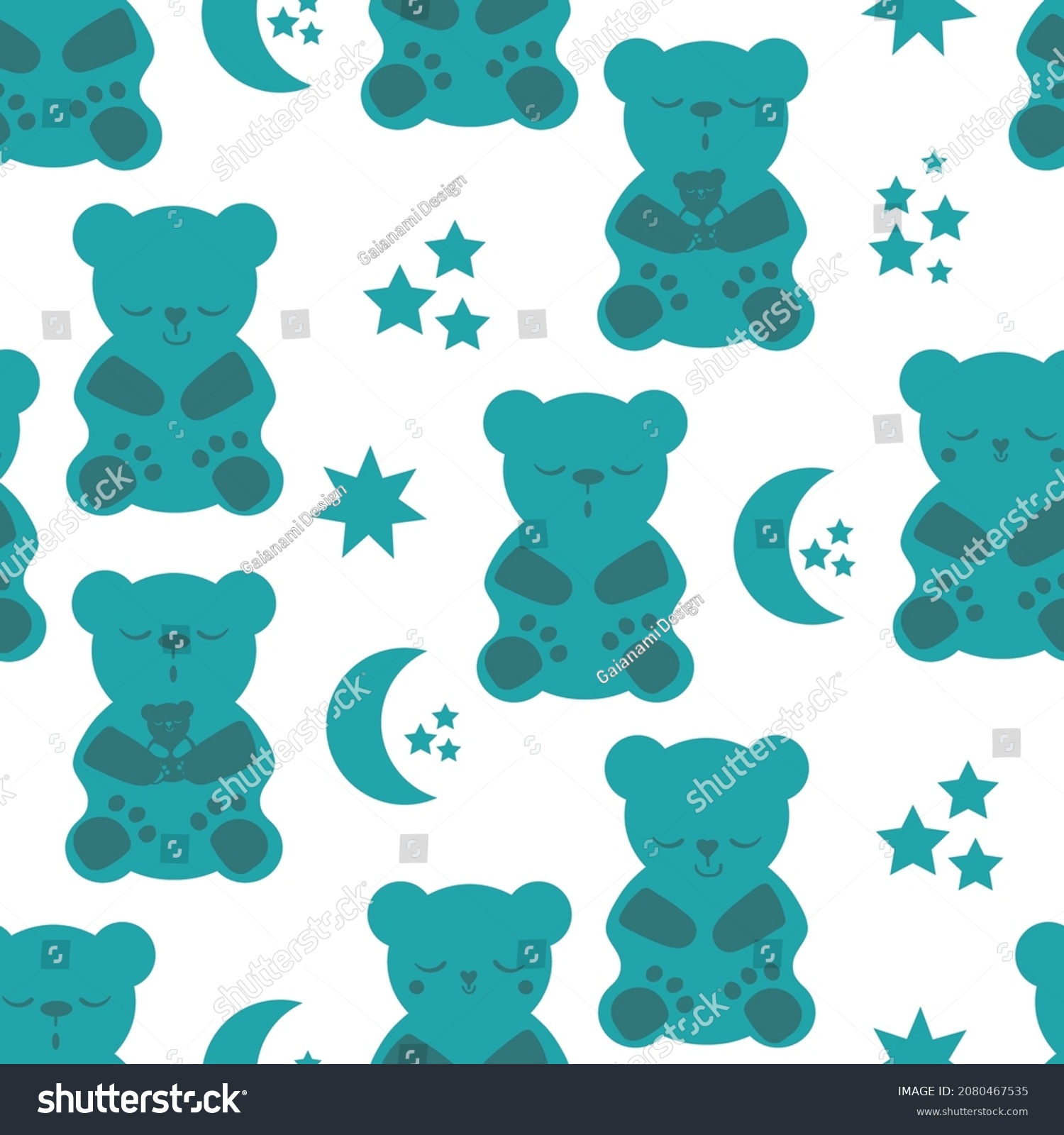 SVG of Cute sleep gummies stars moon vector seamless pattern background. Backdrop with blue green sleepy gummy bears and celestial shapes. Kawaii style characters for sleeping well, health concept. svg