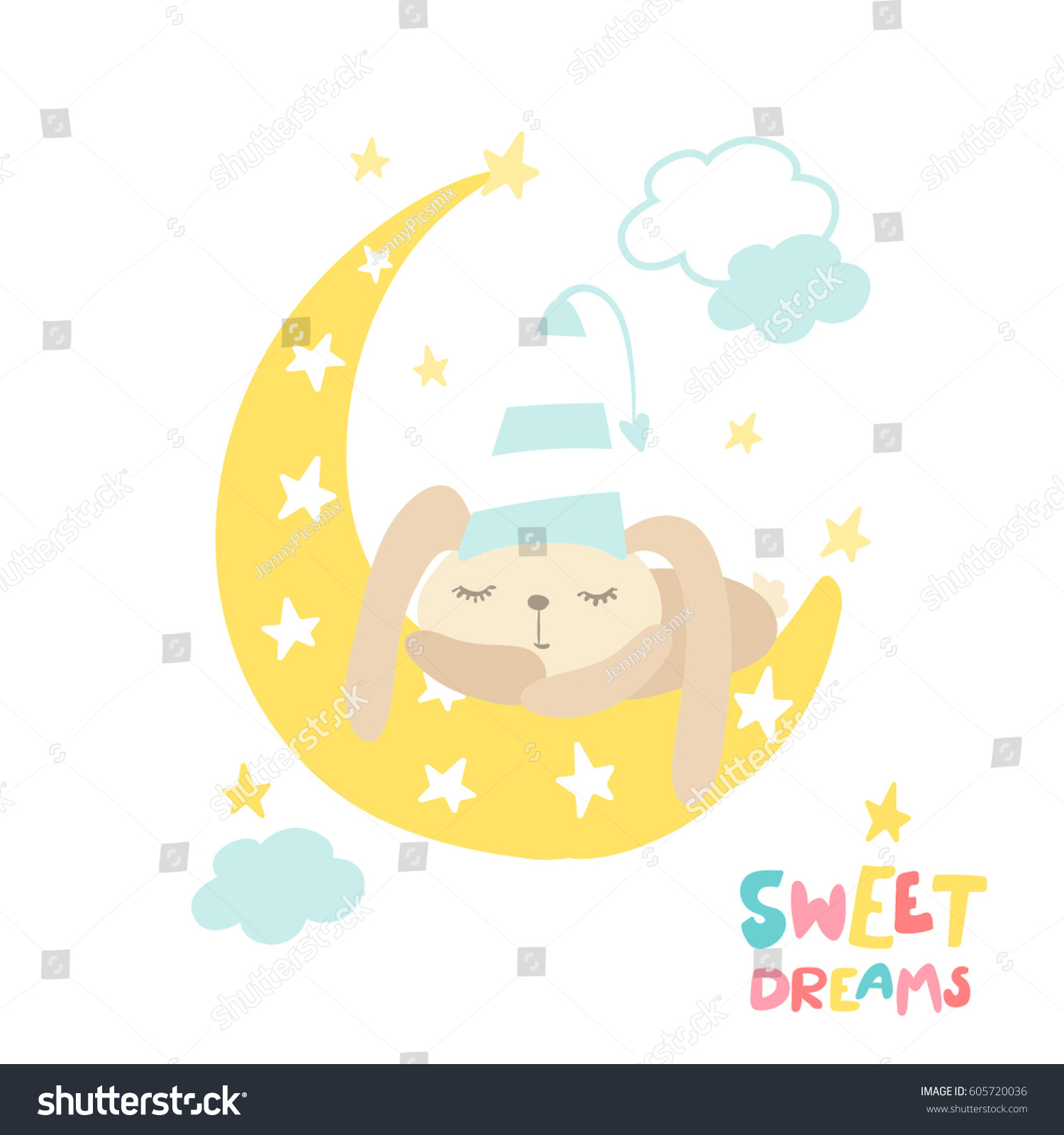 Download Cute Sleeping Bunny On Moon Inscription Stock Vector ...