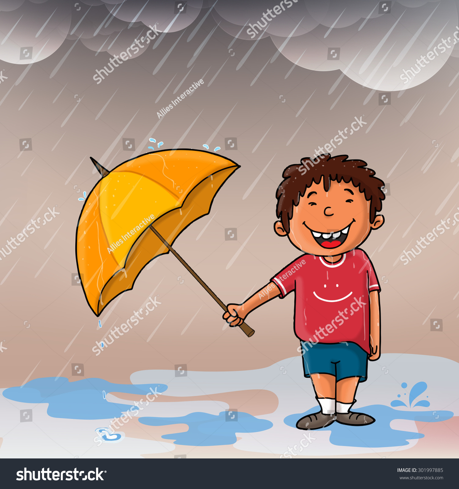 Cute Smiling Boy With Umbrella Enjoying In Rains For Happy Monsoon ...